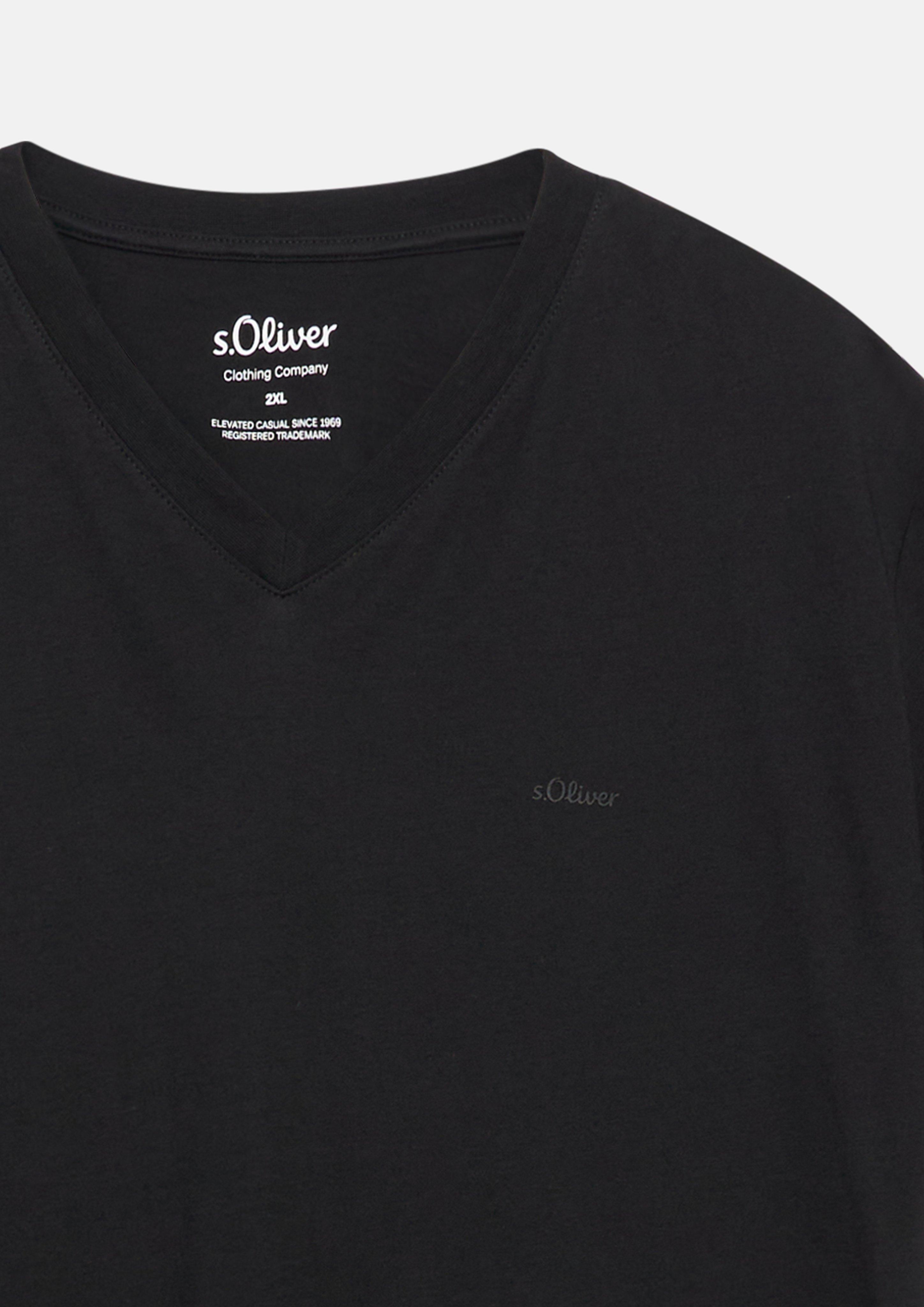 Men Cotton T-shirt with logo print and V-neck in black by s.Oliver Men Big Sizes