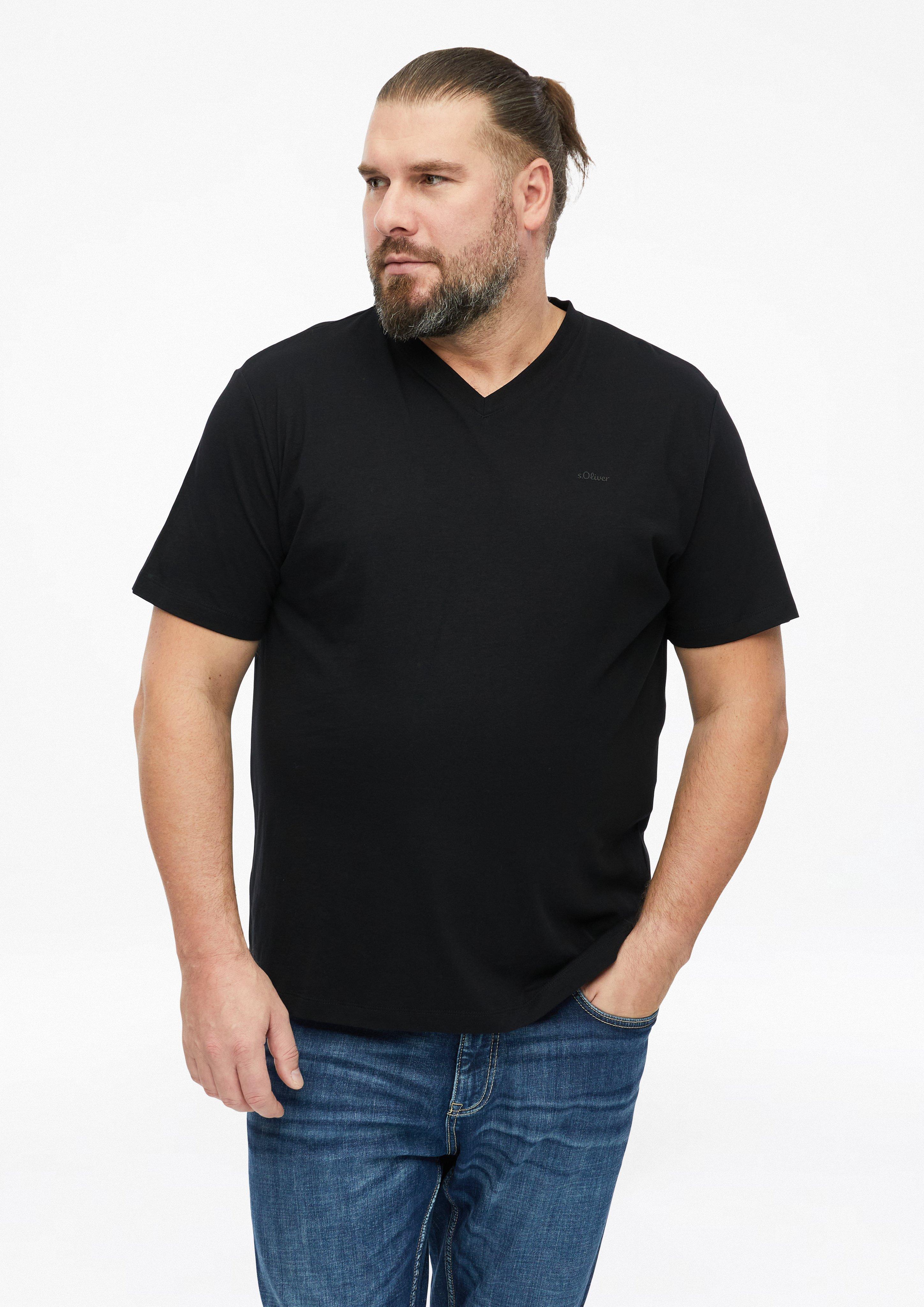T-shirt en coton avec logo imprimé et col en V en noir de s.Oliver Men Big Sizes