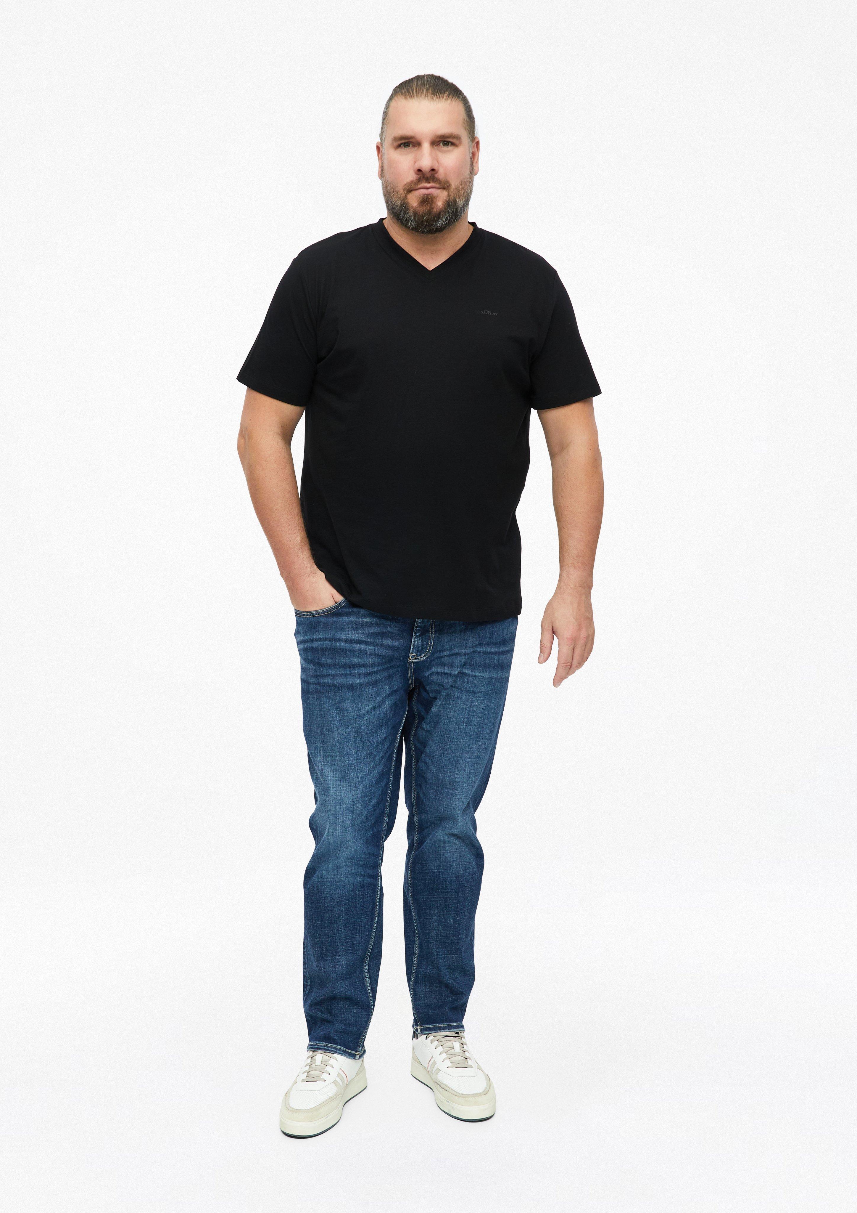 Men Cotton T-shirt with logo print and V-neck in black by s.Oliver Men Big Sizes