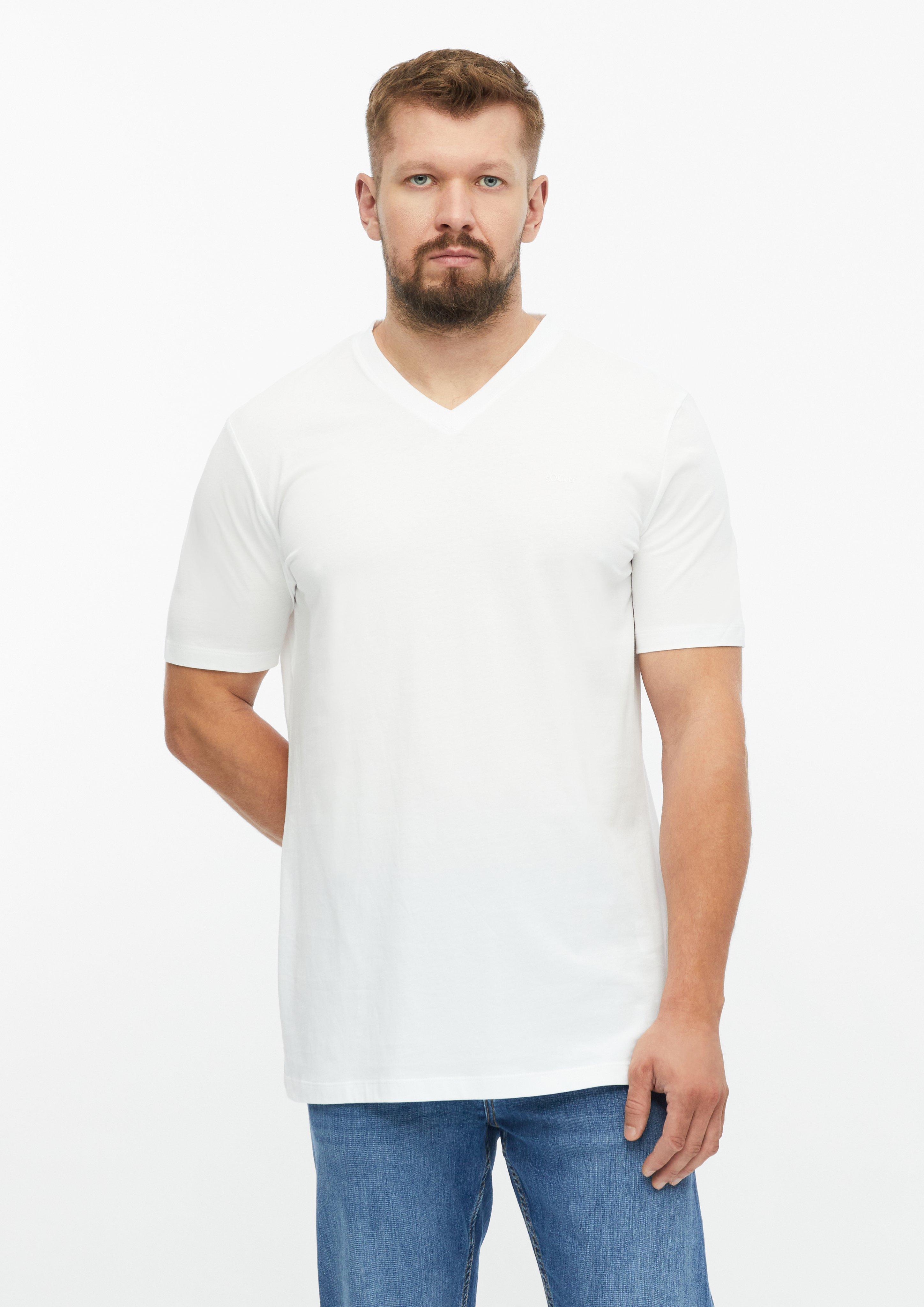 T-shirt en coton avec logo imprimé et col en V en blanc de s.Oliver Men Tall Sizes