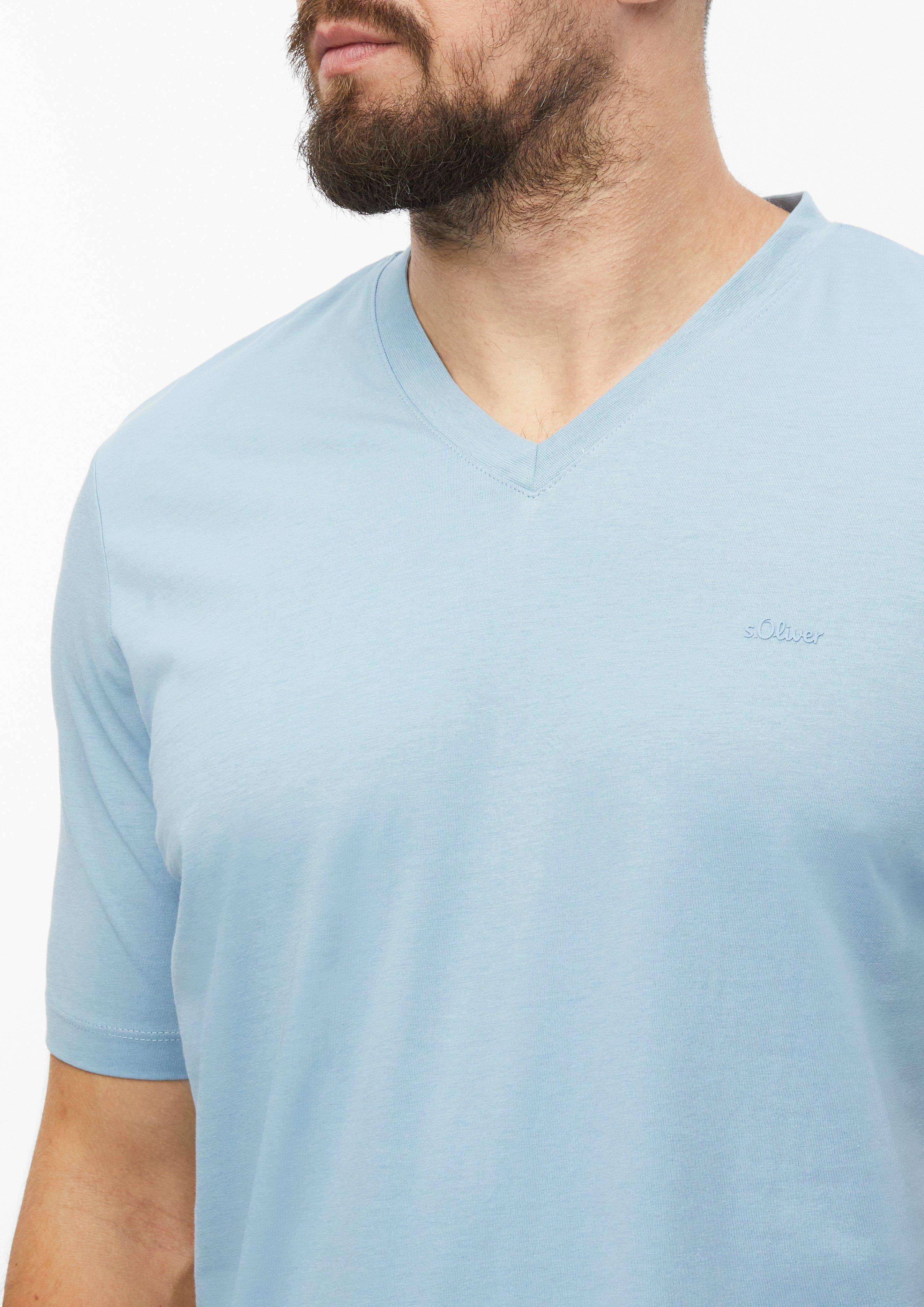 Hommes T-shirt en coton avec logo imprimé et col en V en bleu de s.Oliver Men Tall Sizes