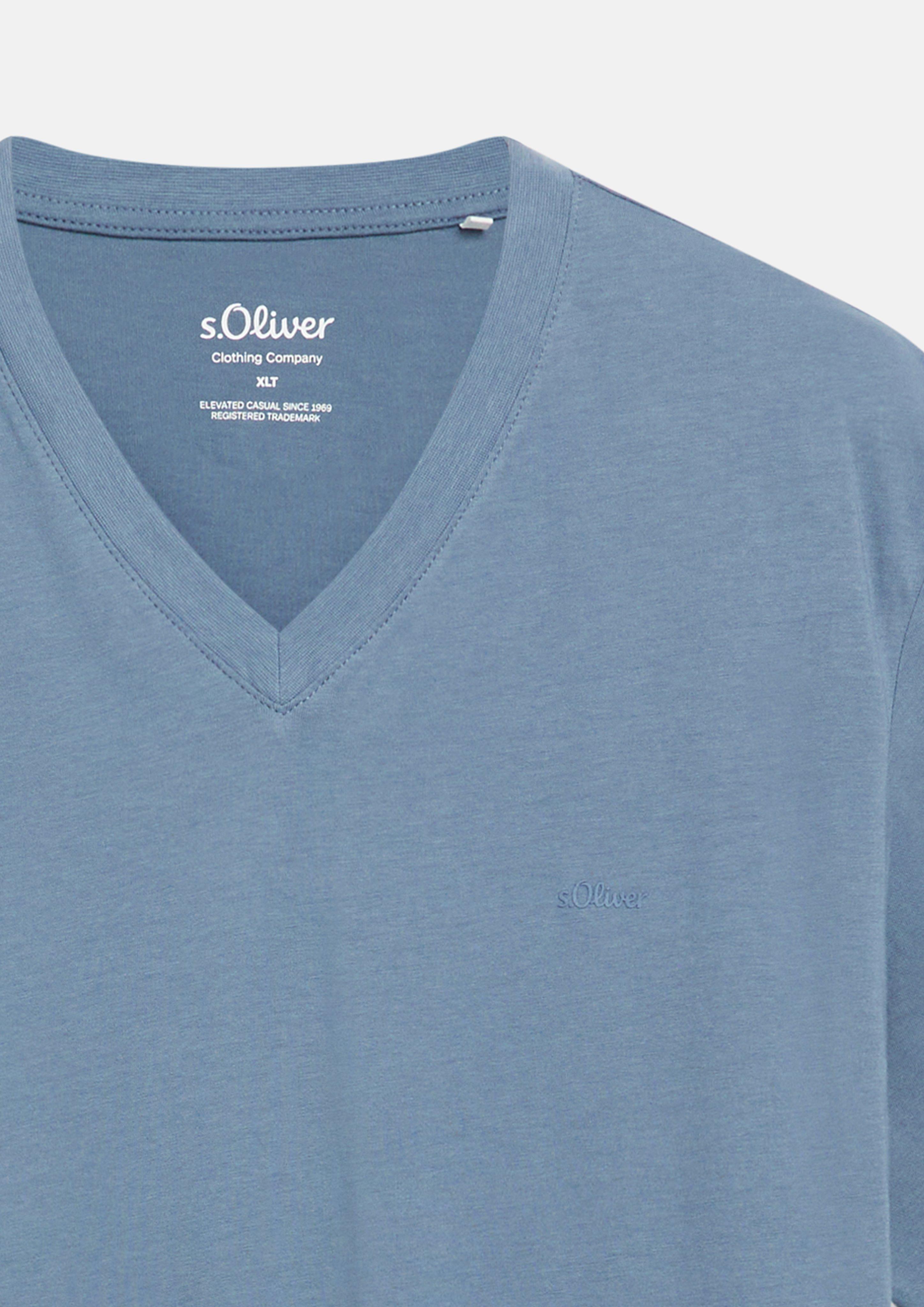 Hommes T-shirt en coton avec logo imprimé et col en V en bleu de s.Oliver Men Tall Sizes