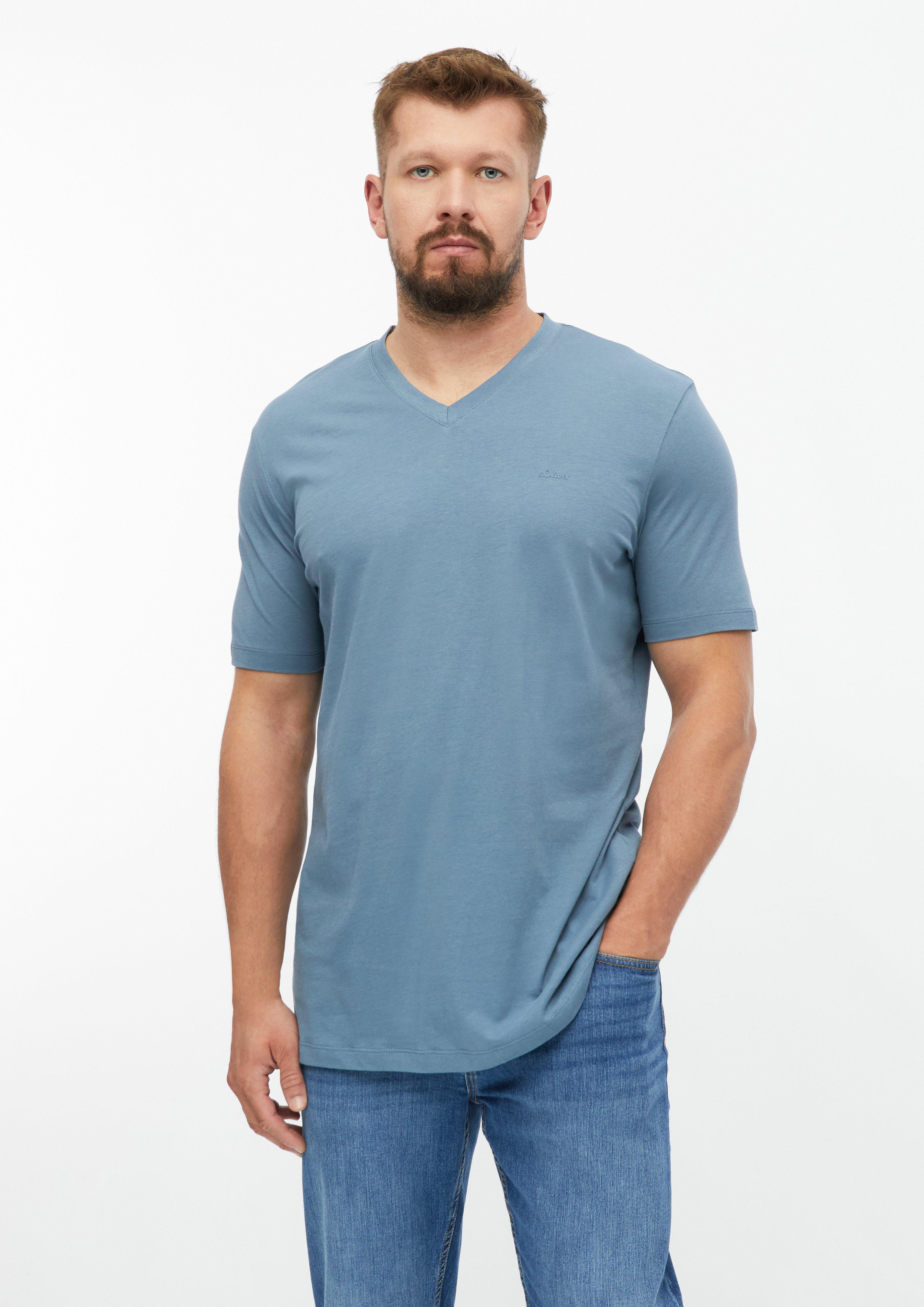 T-shirt en coton avec logo imprimé et col en V en bleu de s.Oliver Men Tall Sizes