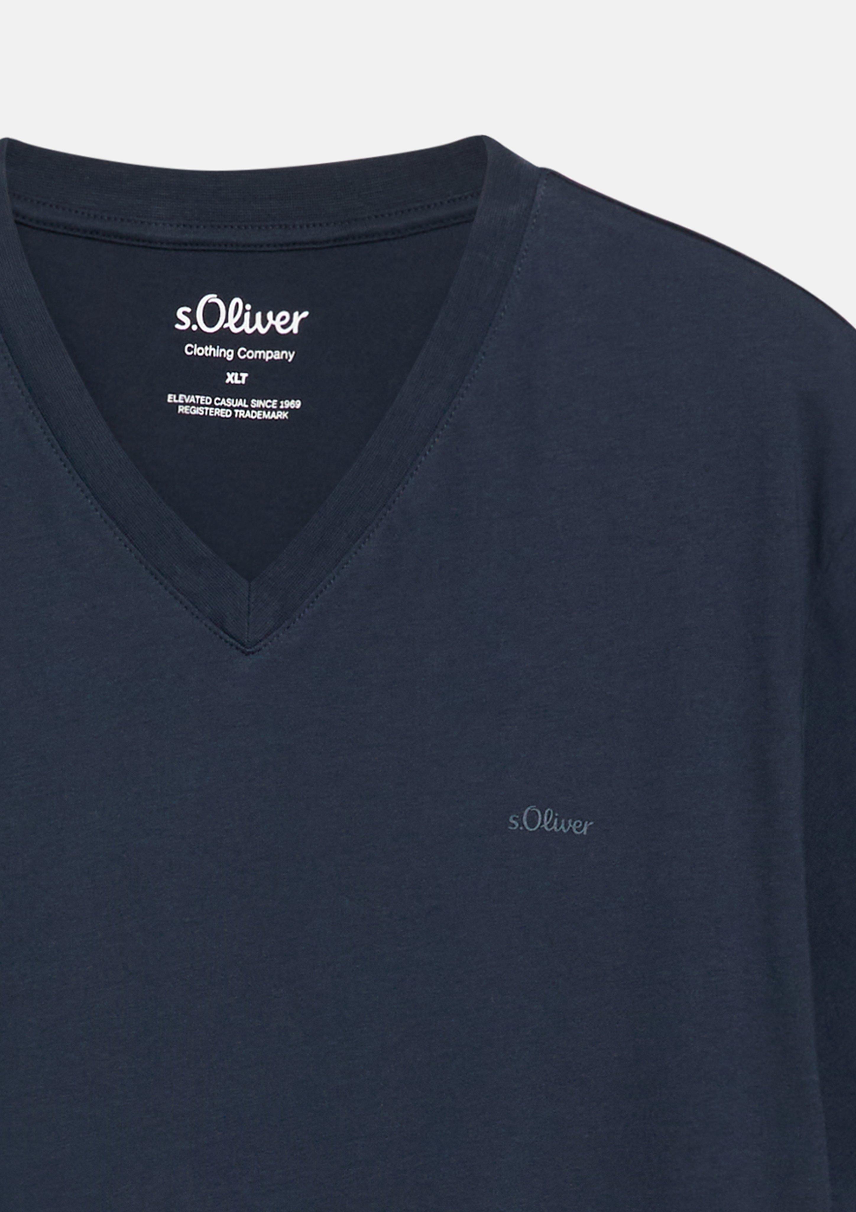 Hommes T-shirt en coton avec logo imprimé et col en V en bleu de s.Oliver Men Tall Sizes