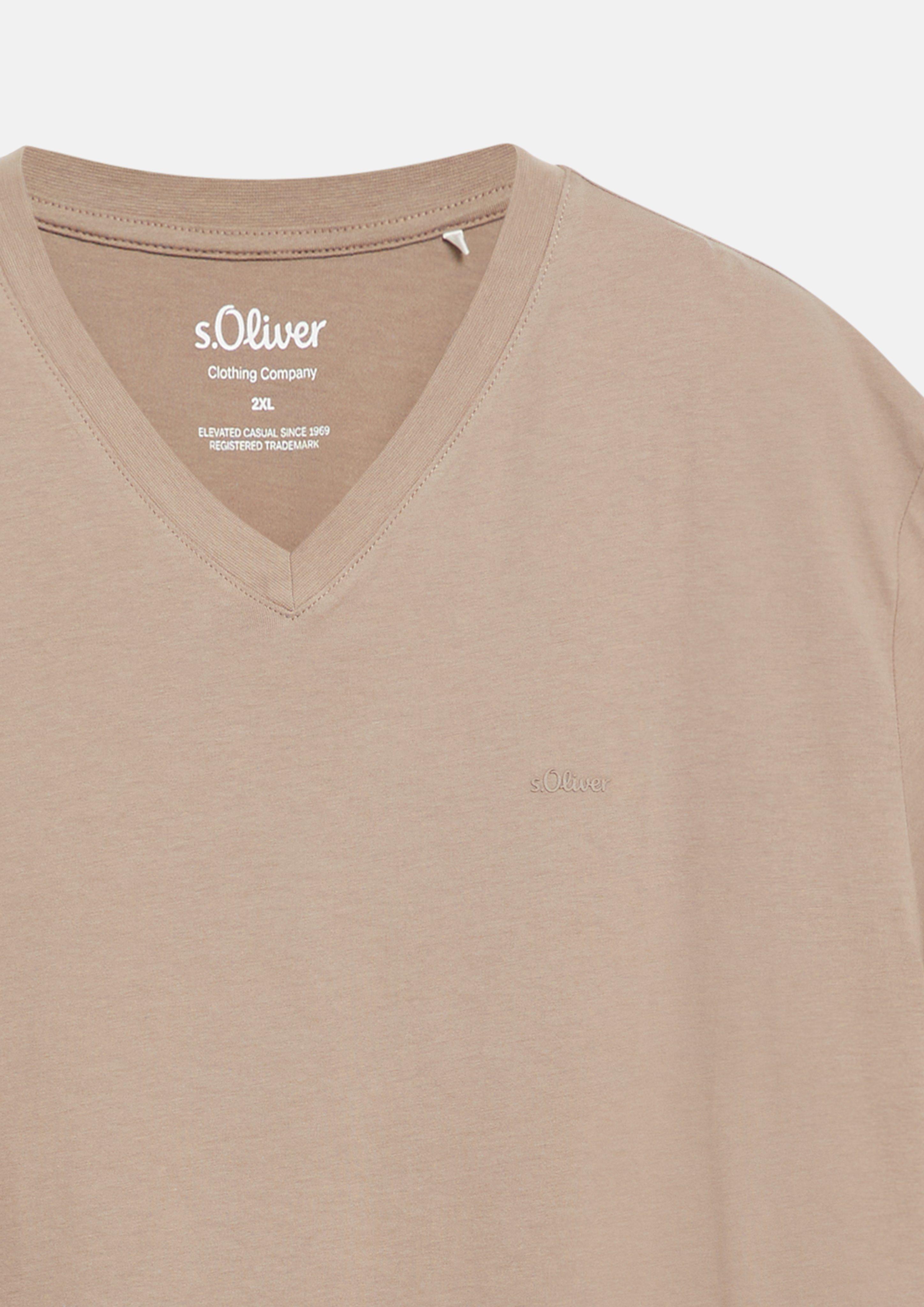 Hommes T-shirt en coton avec logo imprimé et col en V en brun de s.Oliver Men Tall Sizes