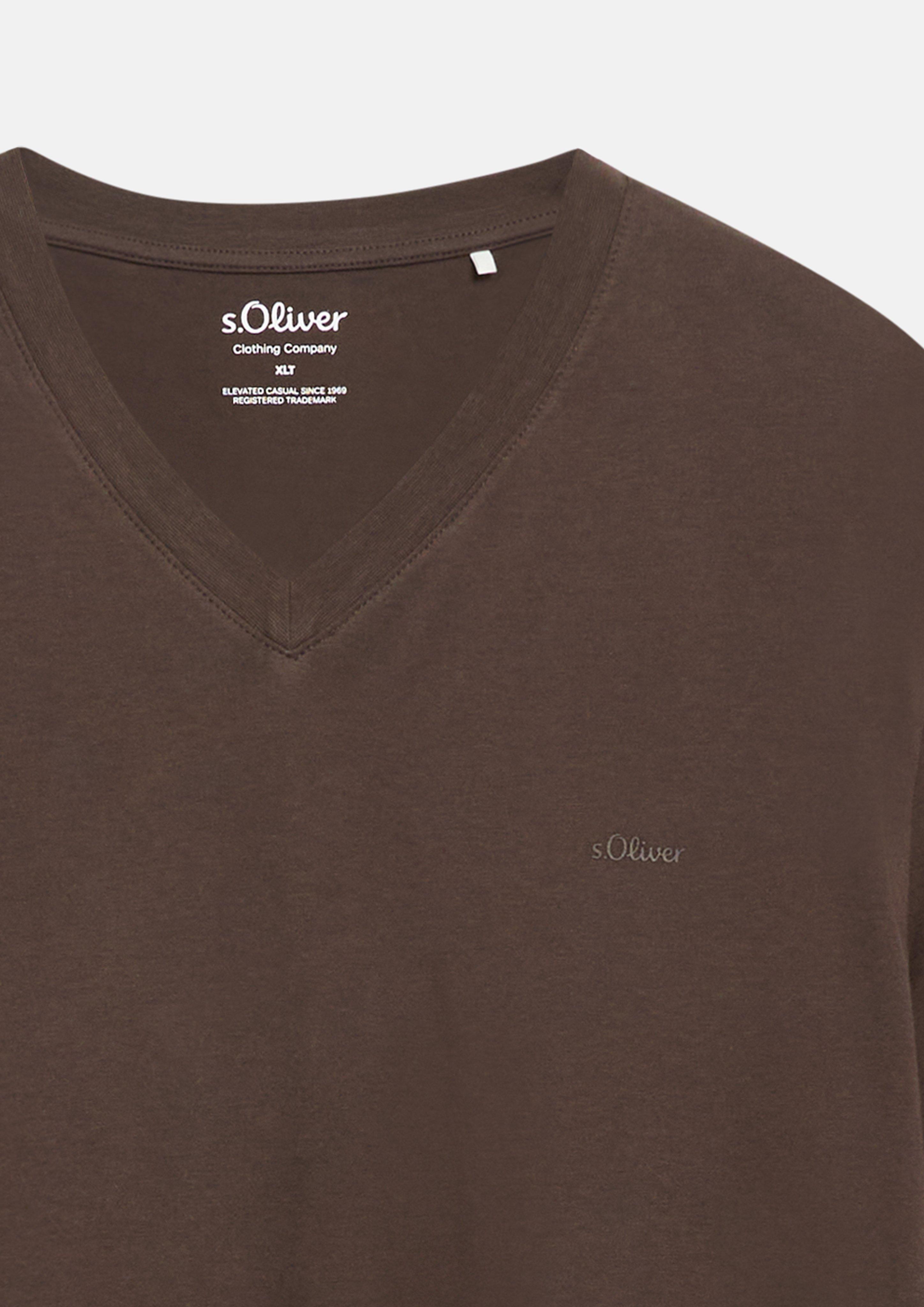 Hommes T-shirt en coton avec logo imprimé et col en V en brun de s.Oliver Men Tall Sizes