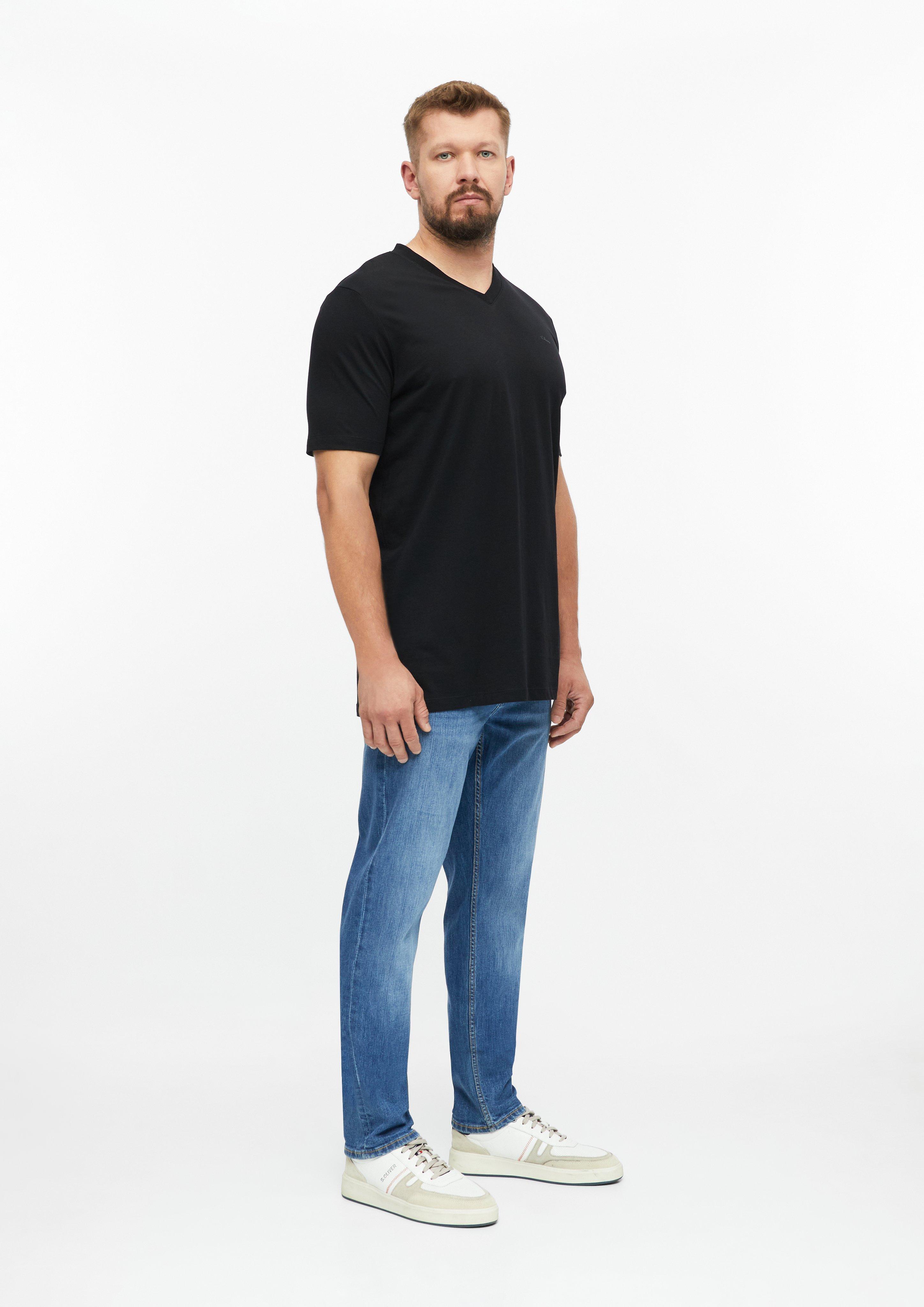 Men Cotton T-shirt with logo print and V-neck in black by s.Oliver Men Tall Sizes