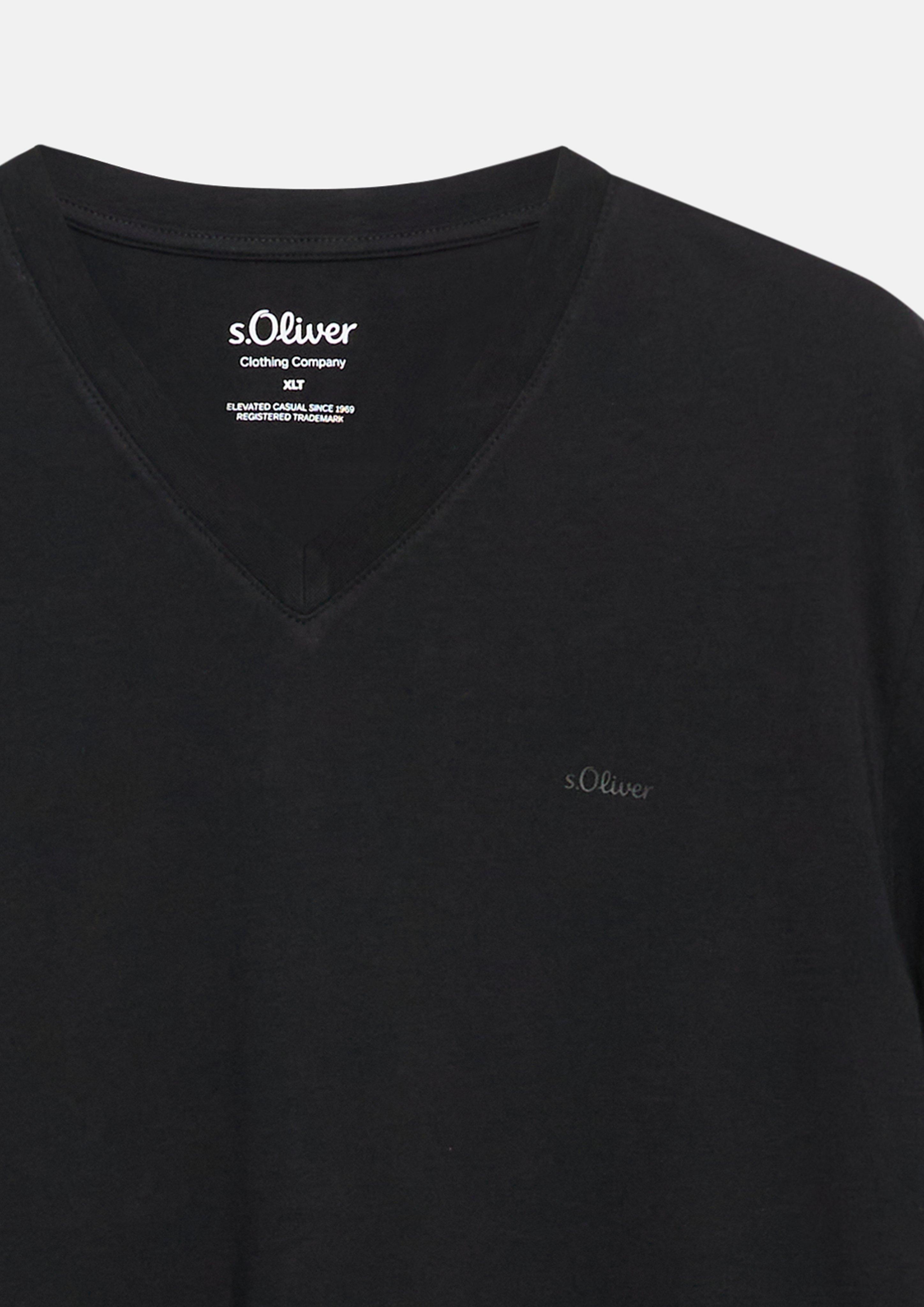 Men Cotton T-shirt with logo print and V-neck in black by s.Oliver Men Tall Sizes