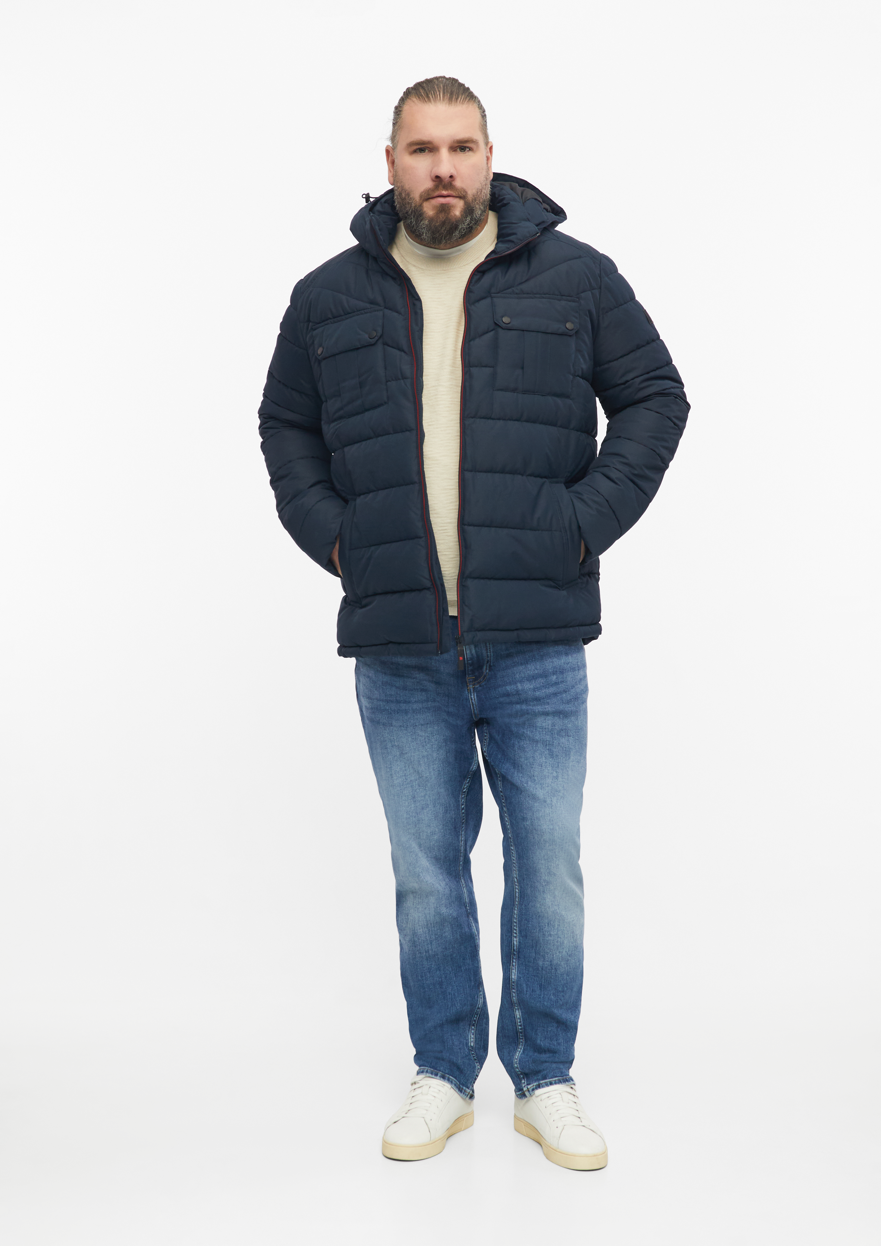 Heren Donsjack met afneembare capuchon en sportieve details in blauw van s.Oliver Men Big Sizes