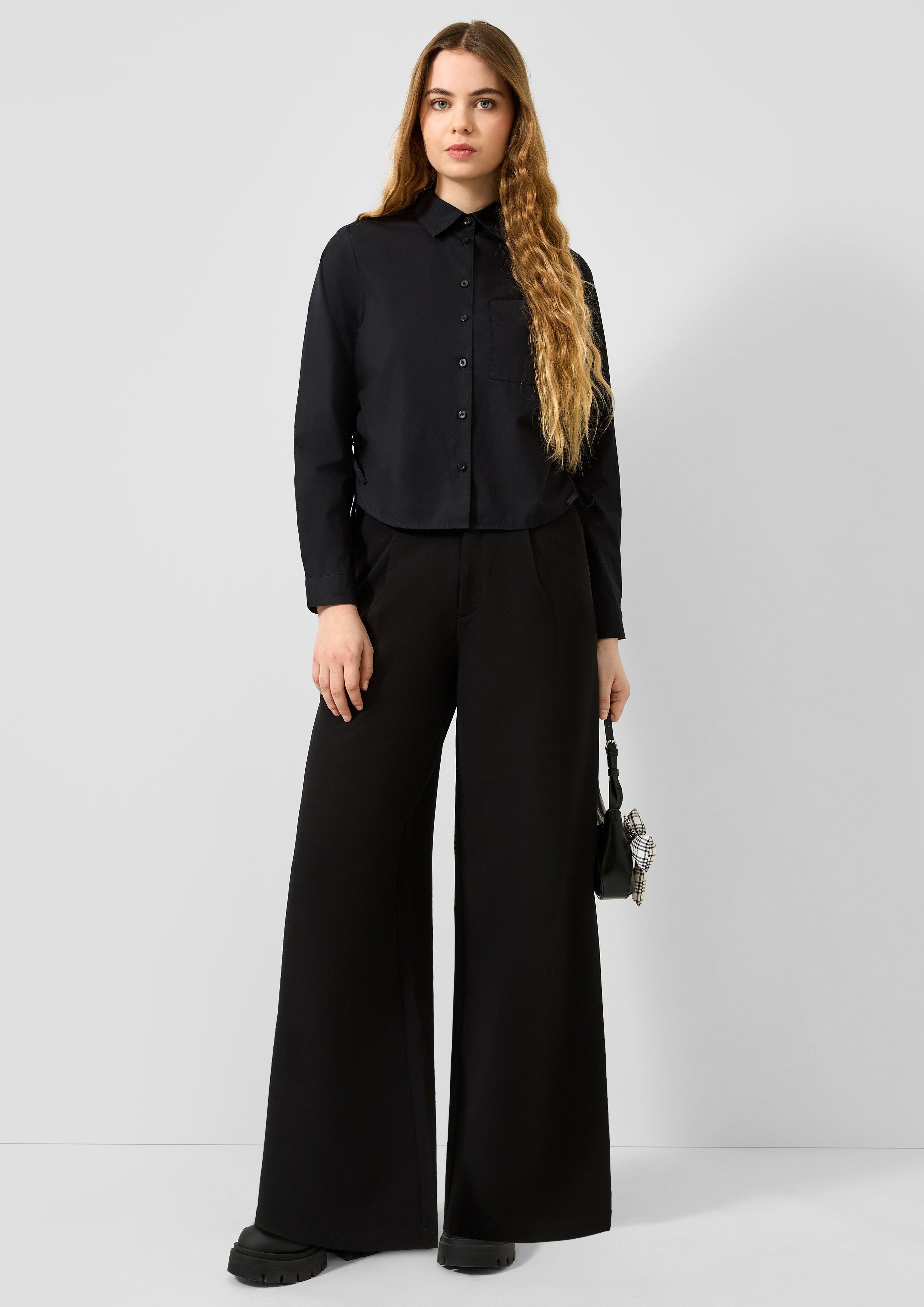Wide-leg pants with a slanted waistband detail in black by QS