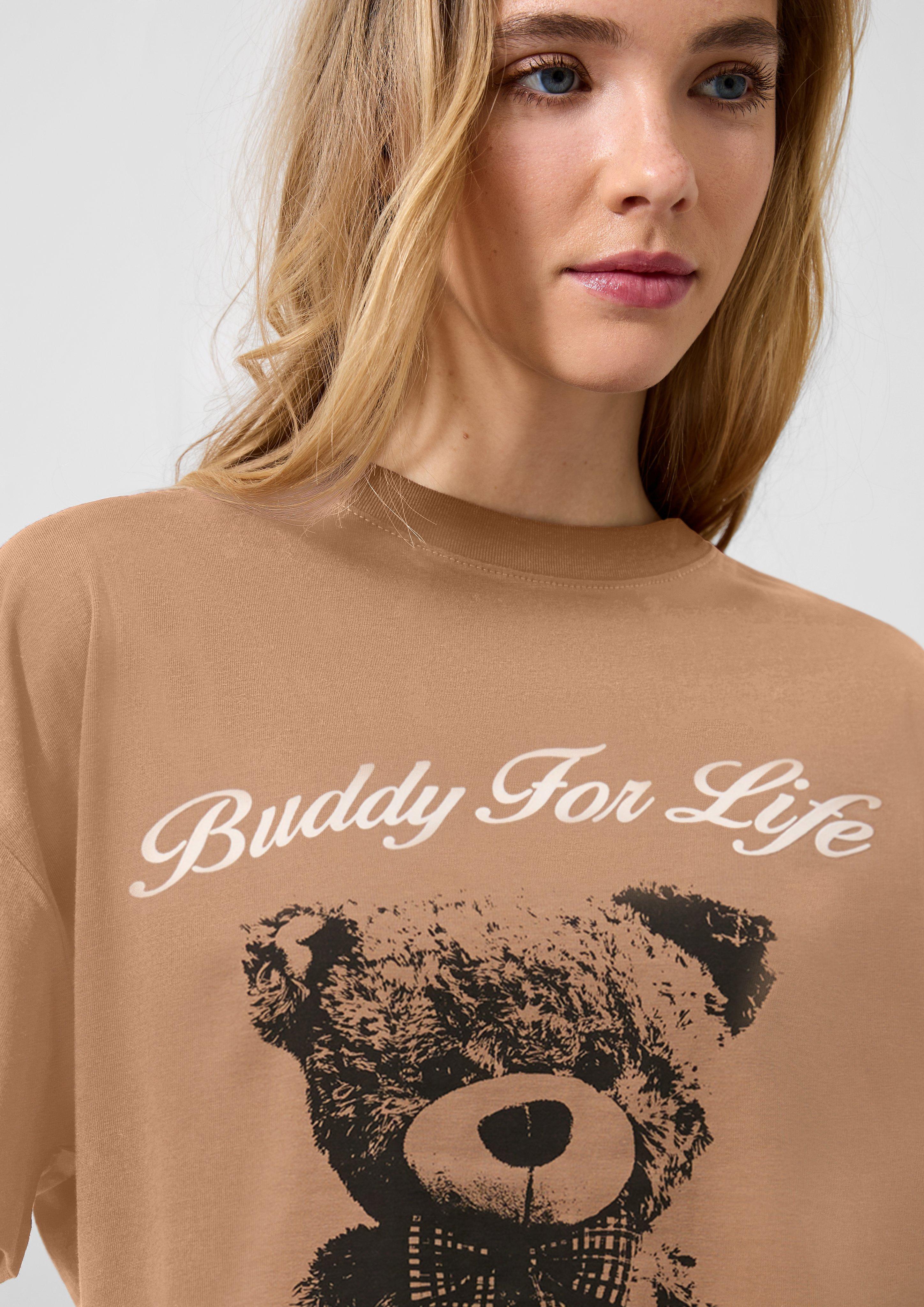 Femmes T-shirt en coton avec imprimé sur le devant en brun de QS