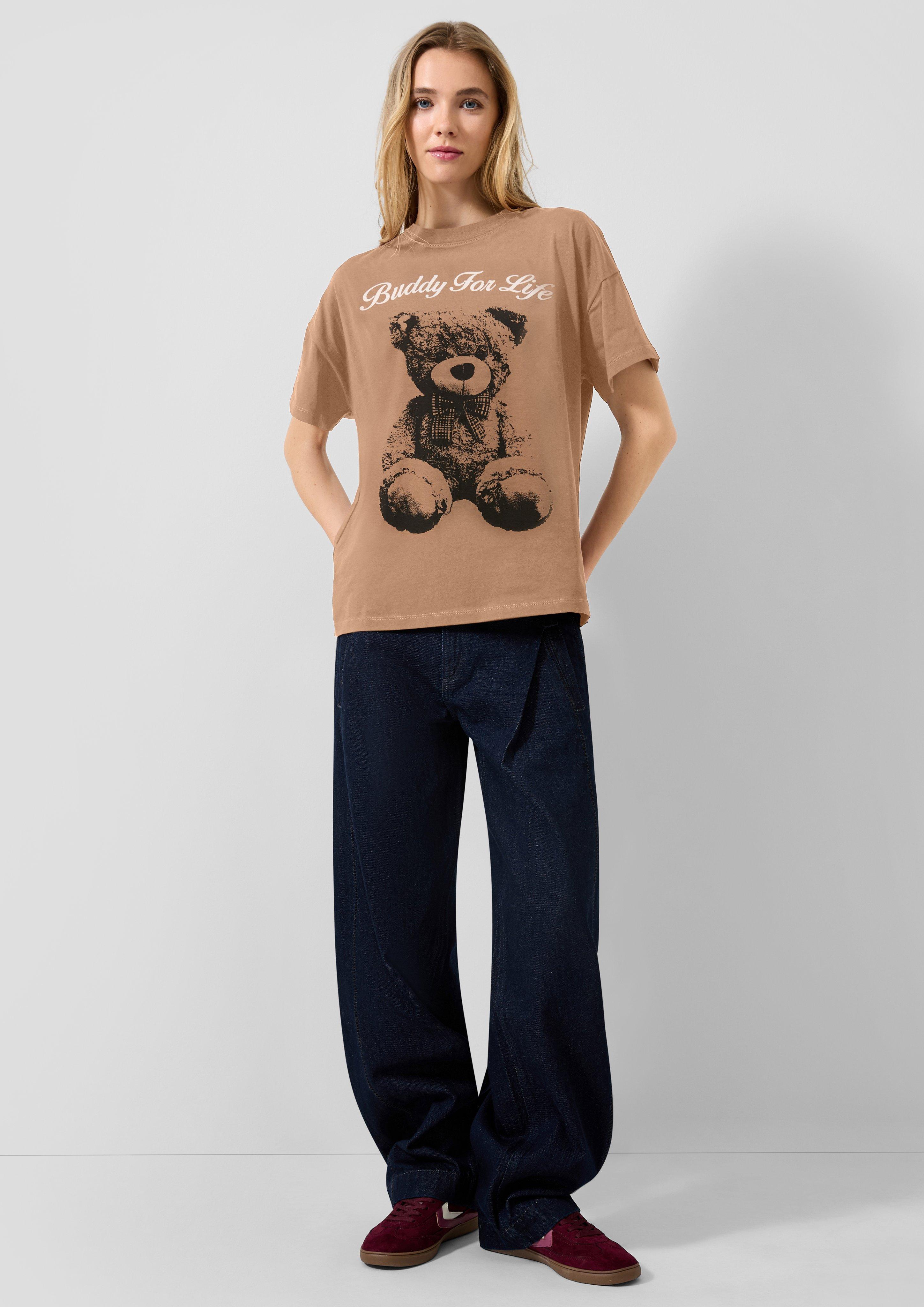 Femmes T-shirt en coton avec imprimé sur le devant en brun de QS