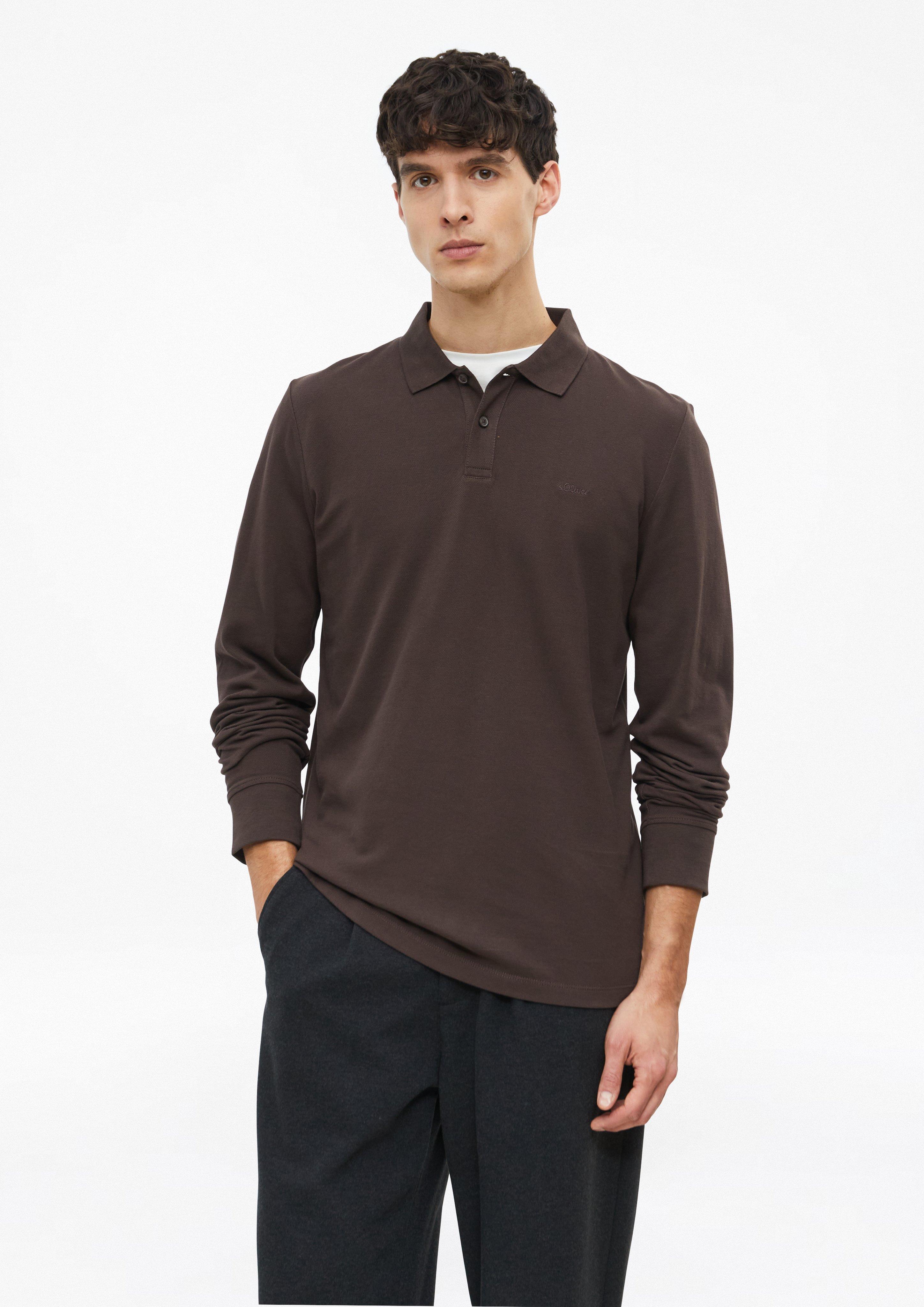 Long-sleeved polo shirt made of cotton piqué in dark brown by s.Oliver