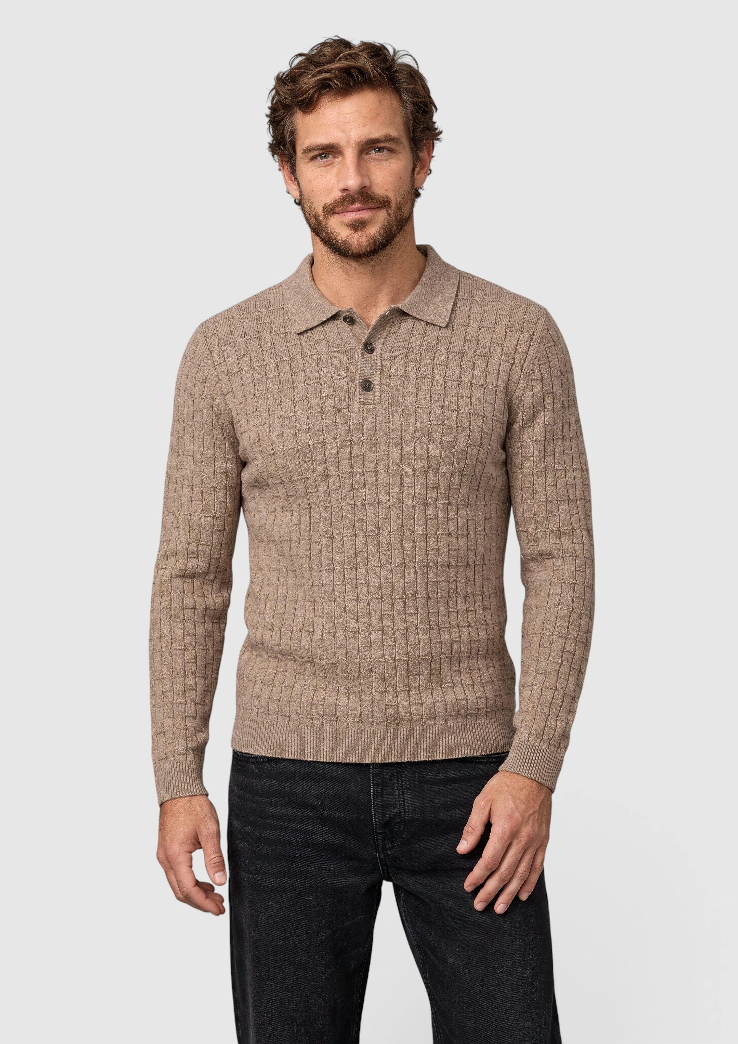 Knit Sweater with a Polo Collar and Cable Knit Pattern in brown by s.Oliver