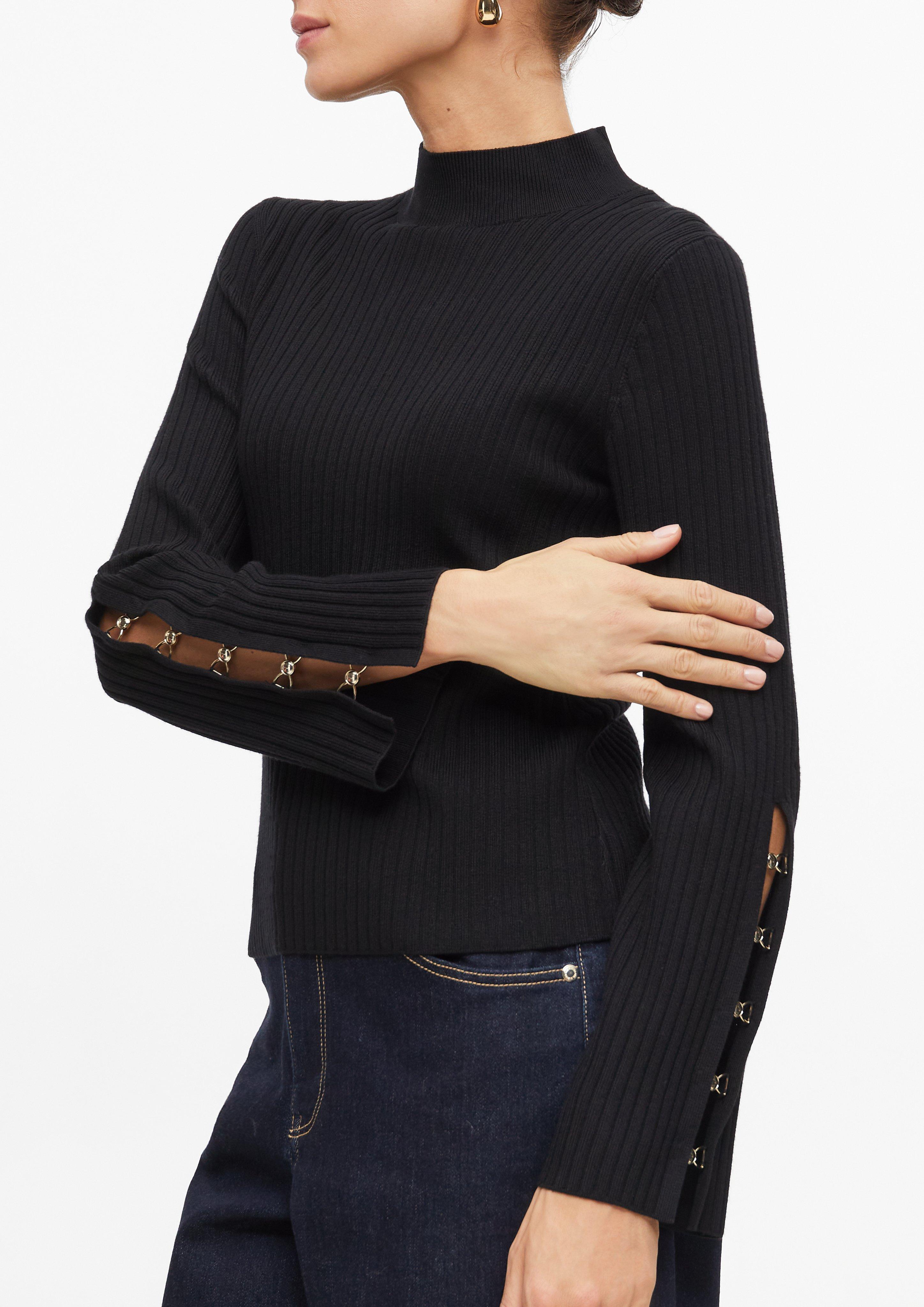Femmes Pull à côtes avec détails décoratifs sur les manches en noir de s.Oliver BLACK LABEL