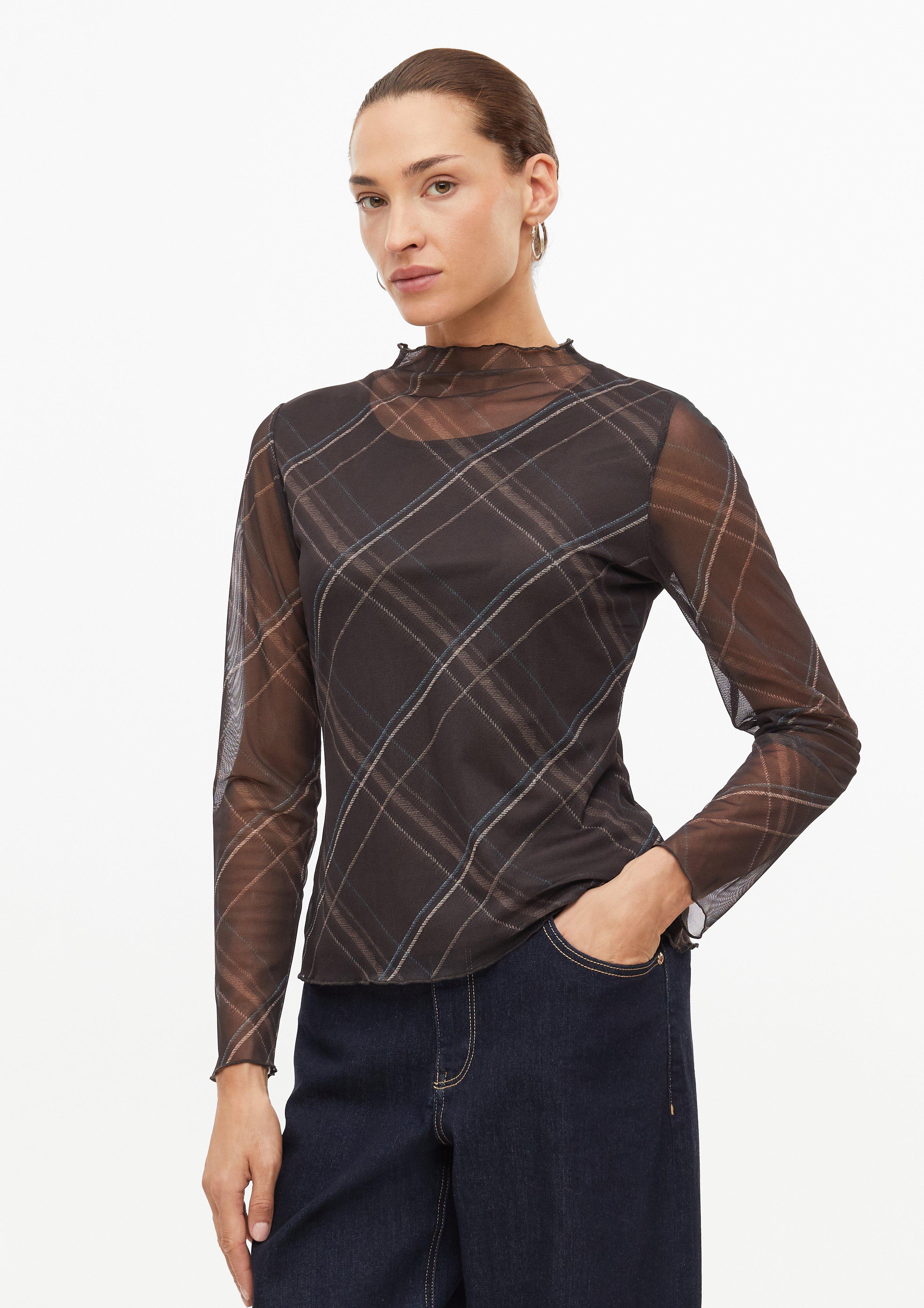 Long-Sleeve Mesh Shirt with Checkered Pattern in dark brown by s.Oliver BLACK LABEL