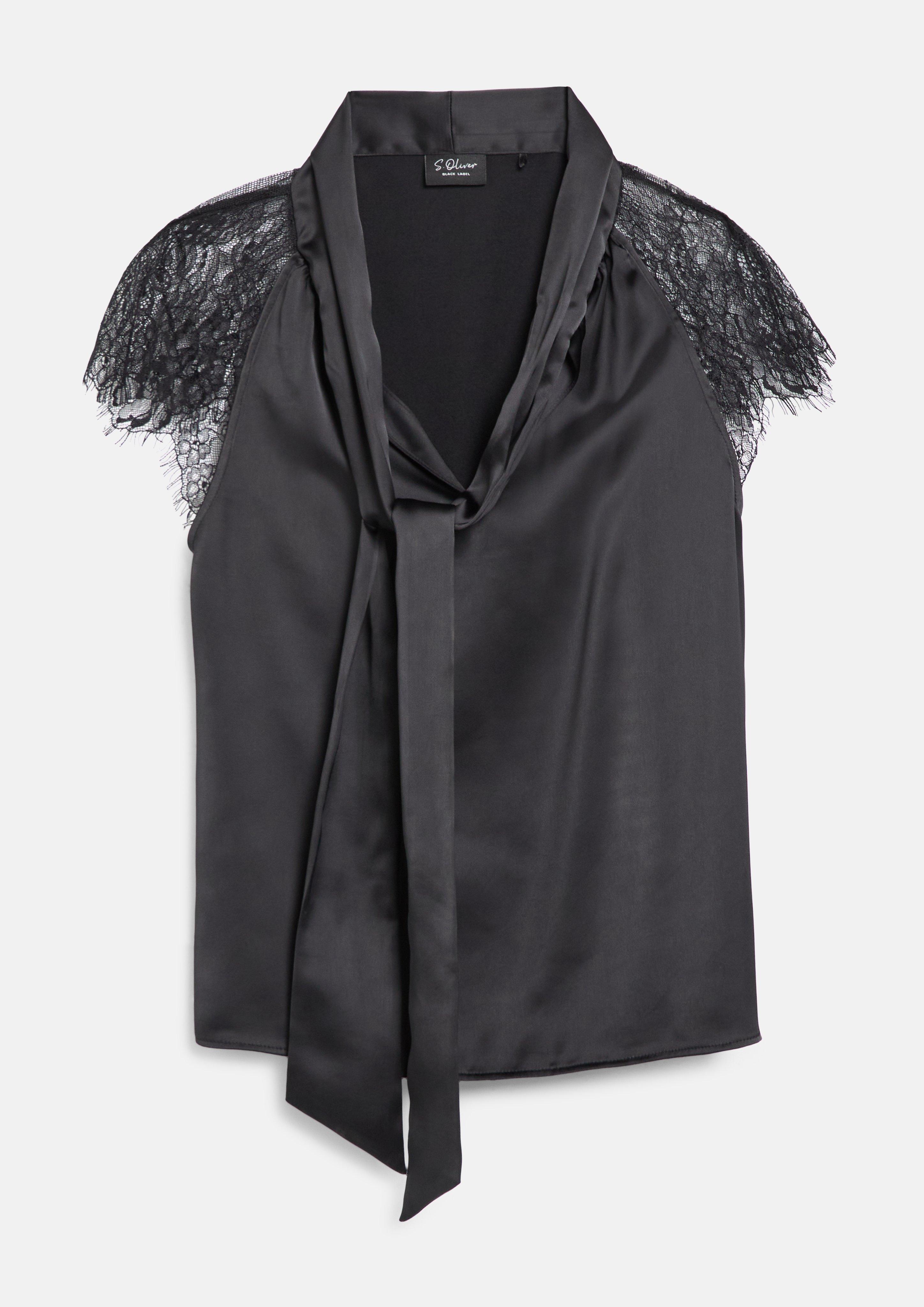 Blouse with a bow collar and lace details in black by s.Oliver BLACK LABEL