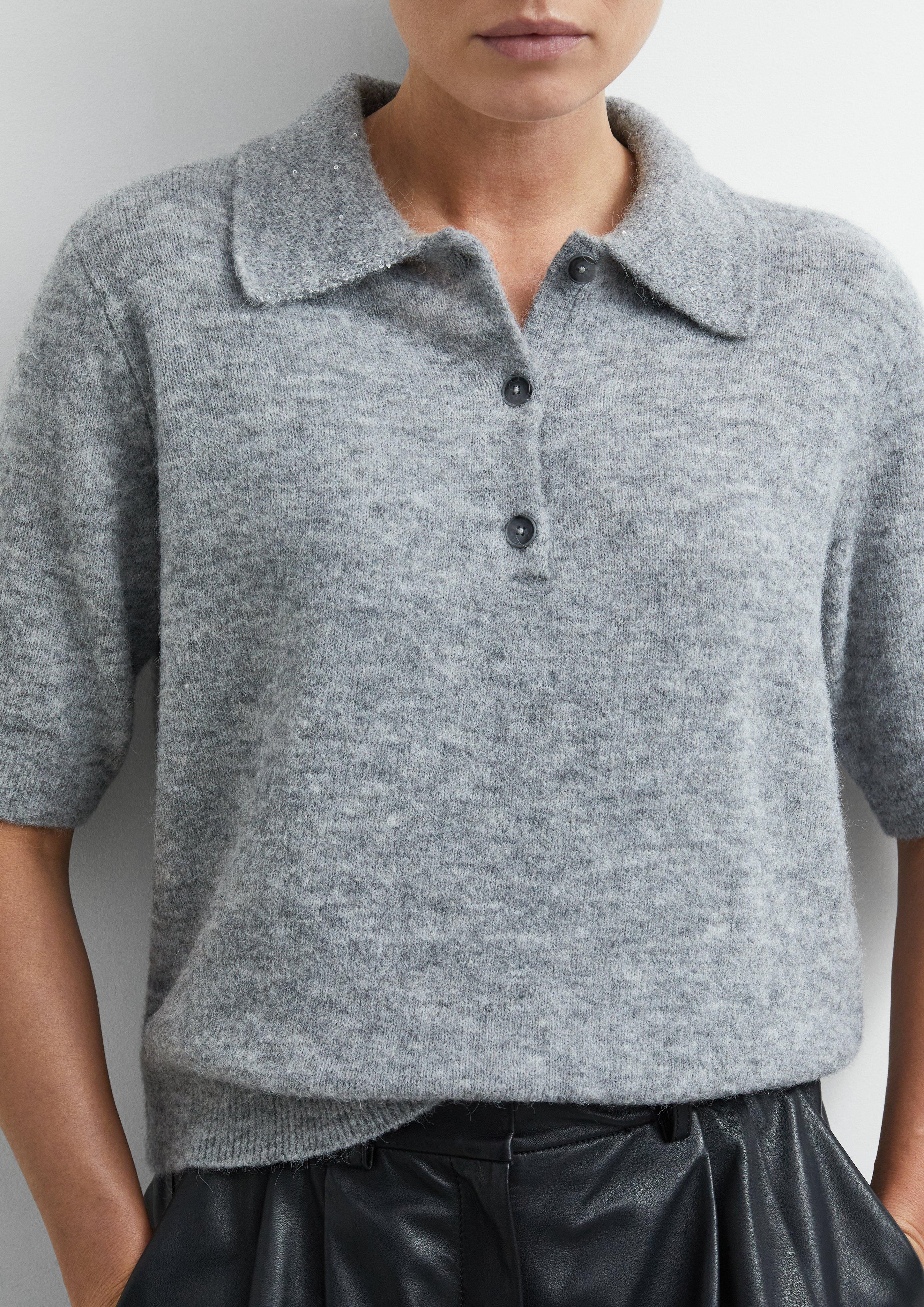 Damen Strickpullover mit Pailletten-Polokragen und Relaxed Fit in grau von COMMA