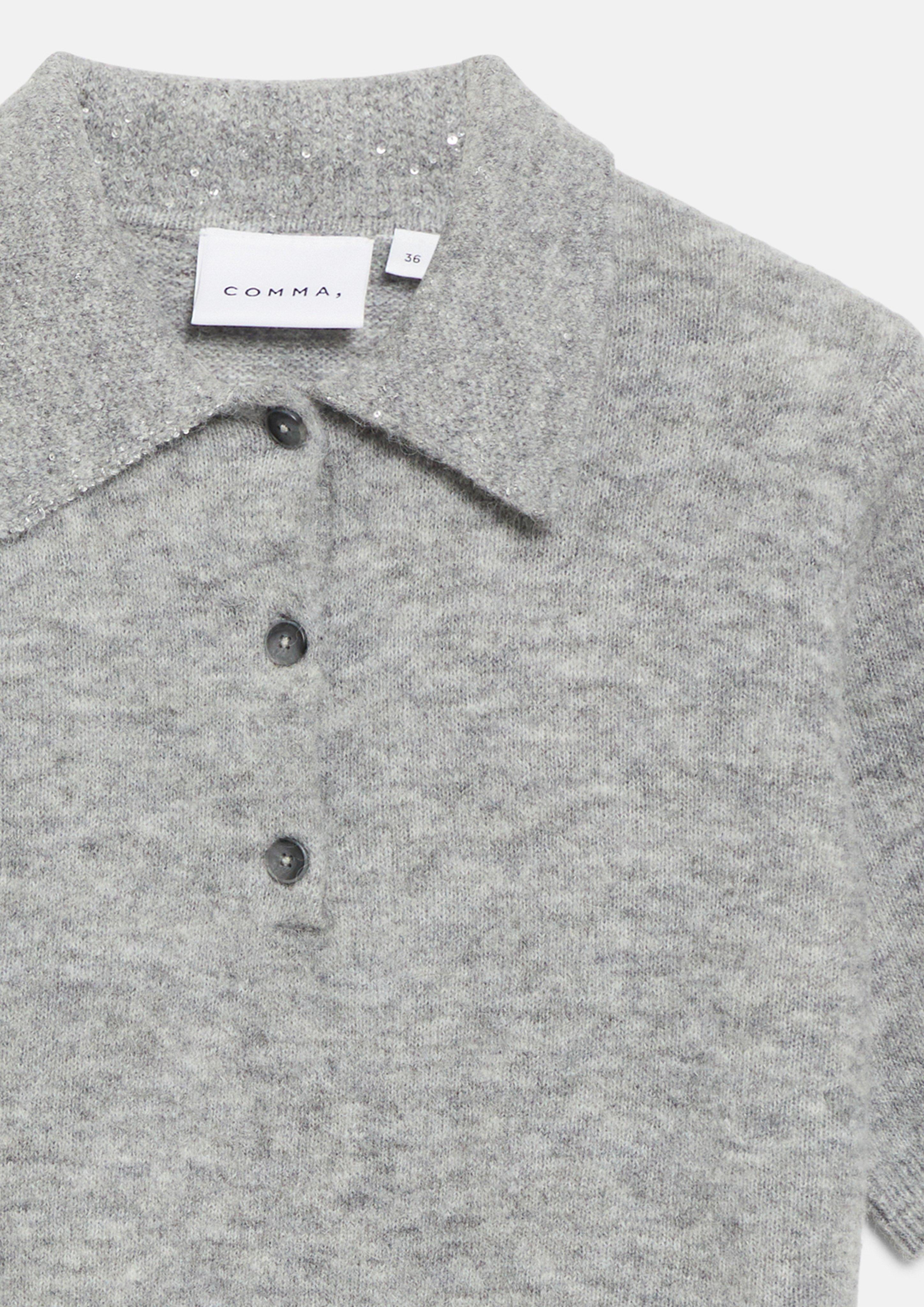 Damen Strickpullover mit Pailletten-Polokragen und Relaxed Fit in grau von COMMA