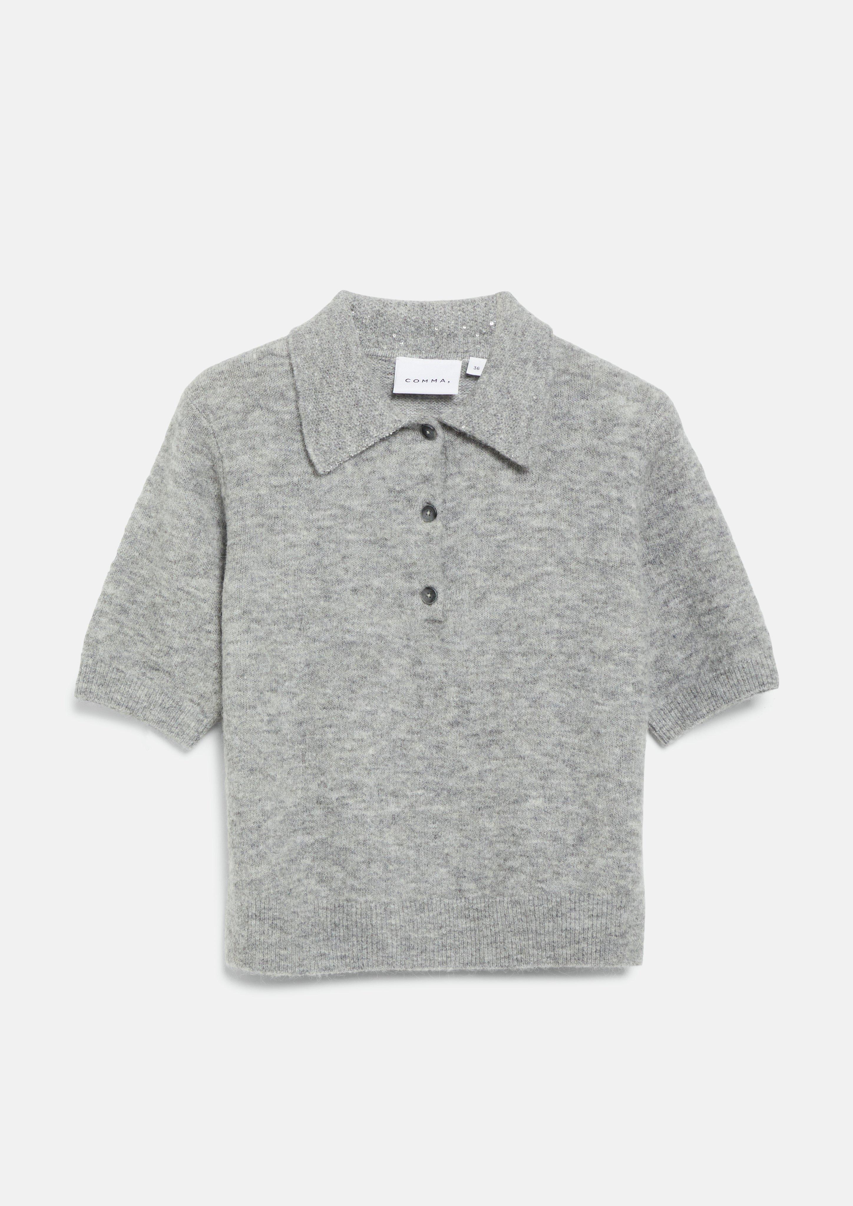 Damen Strickpullover mit Pailletten-Polokragen und Relaxed Fit in grau von COMMA