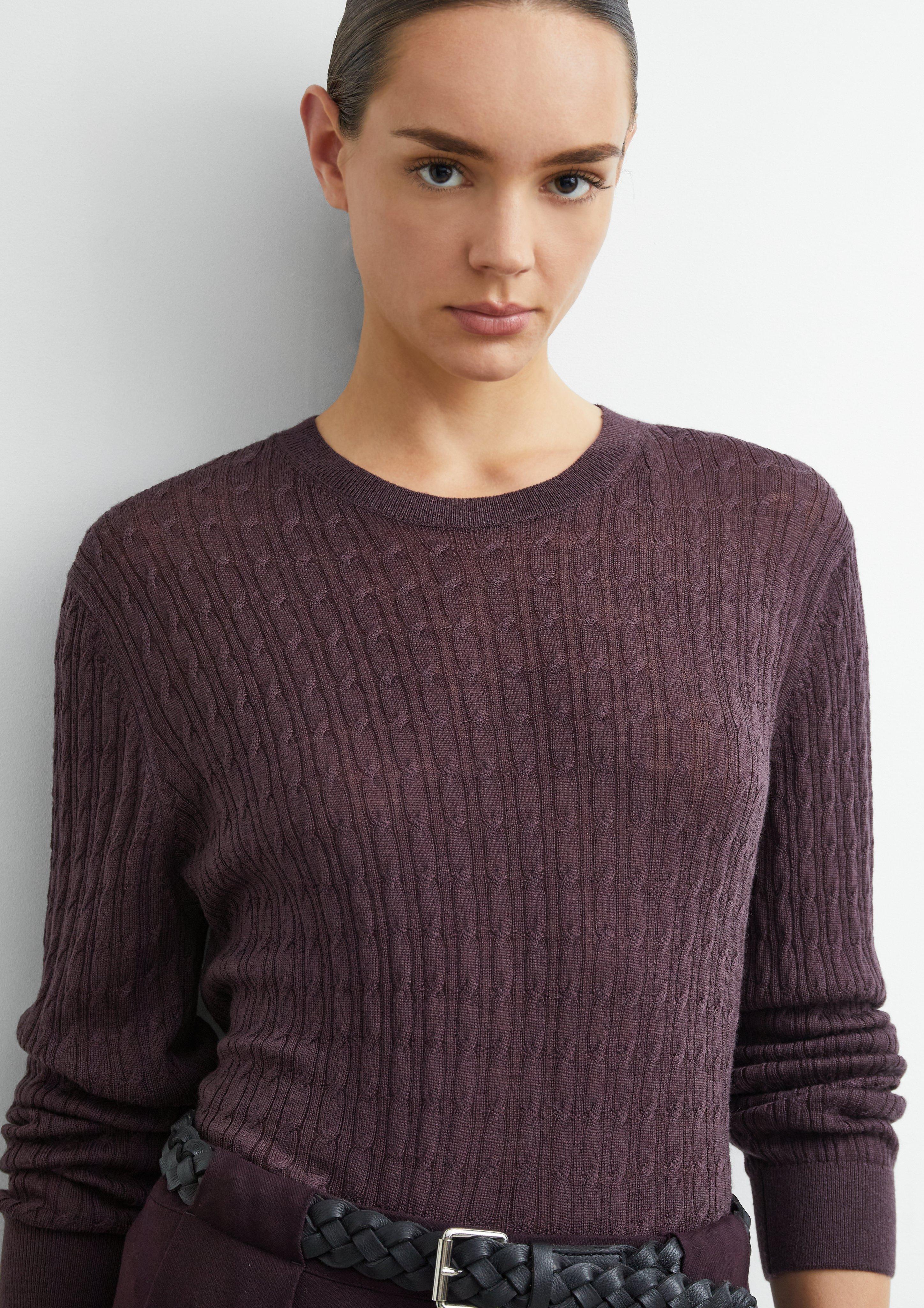 Strickpullover aus Merinowolle mit Zopfmuster in lila von COMMA