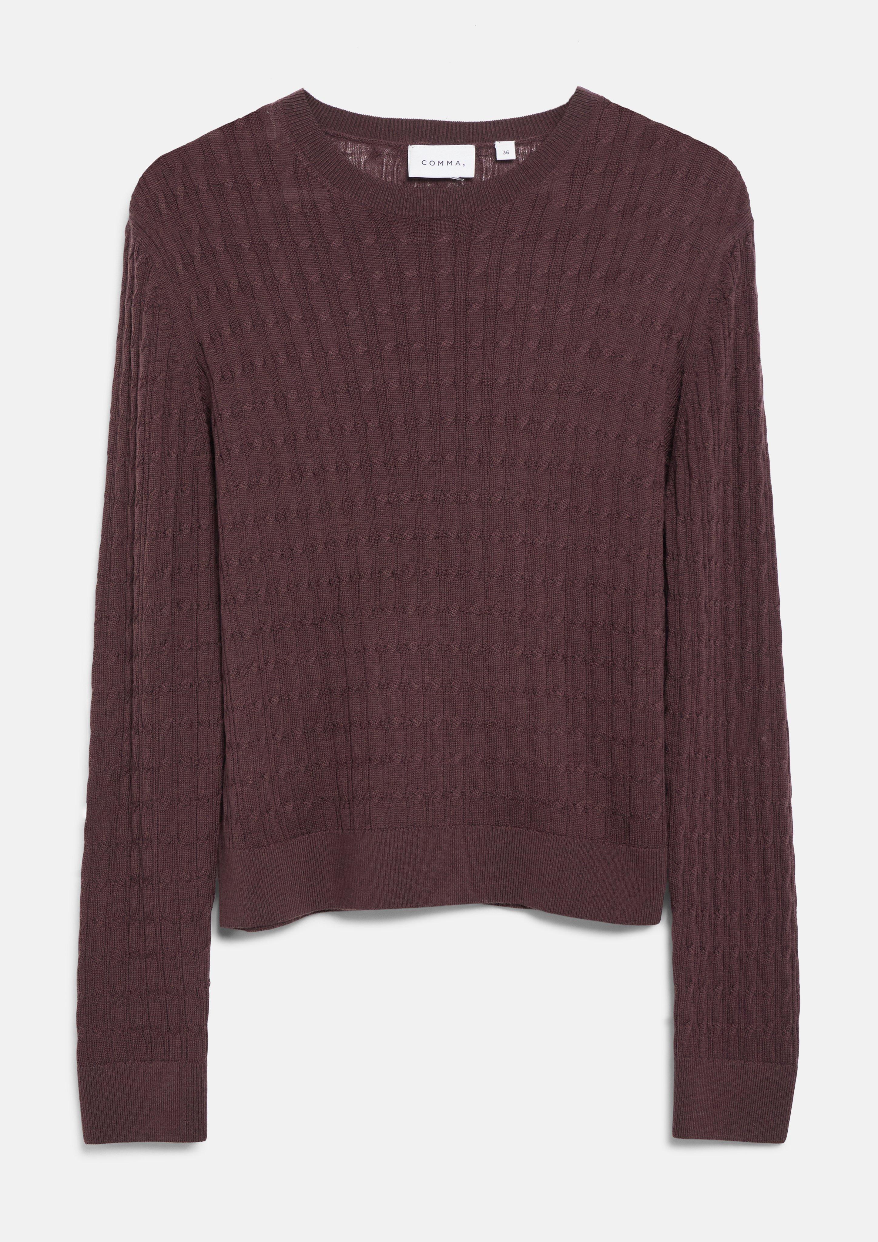 Strickpullover aus Merinowolle mit Zopfmuster in lila von COMMA