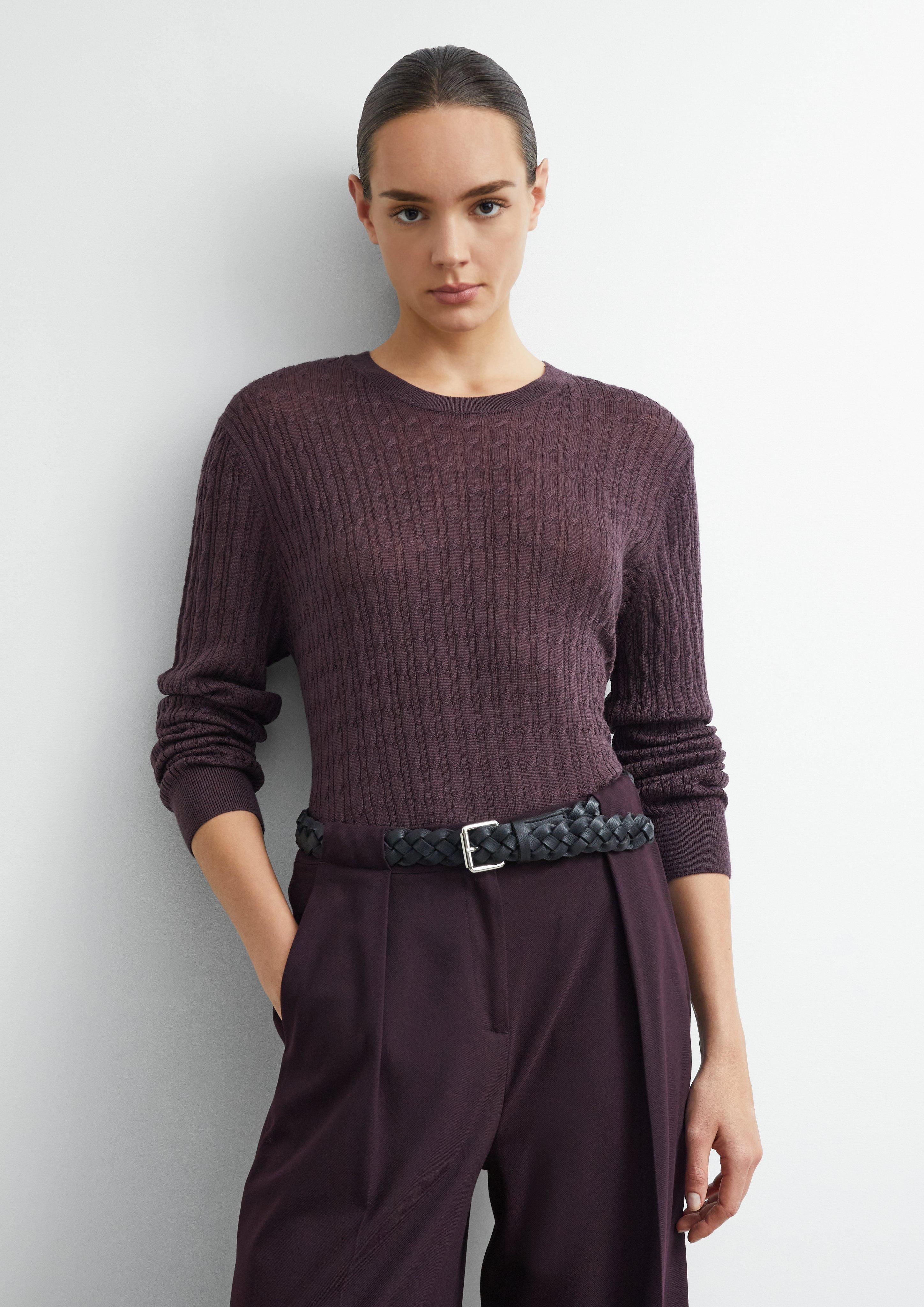 Strickpullover aus Merinowolle mit Zopfmuster in aubergine von COMMA