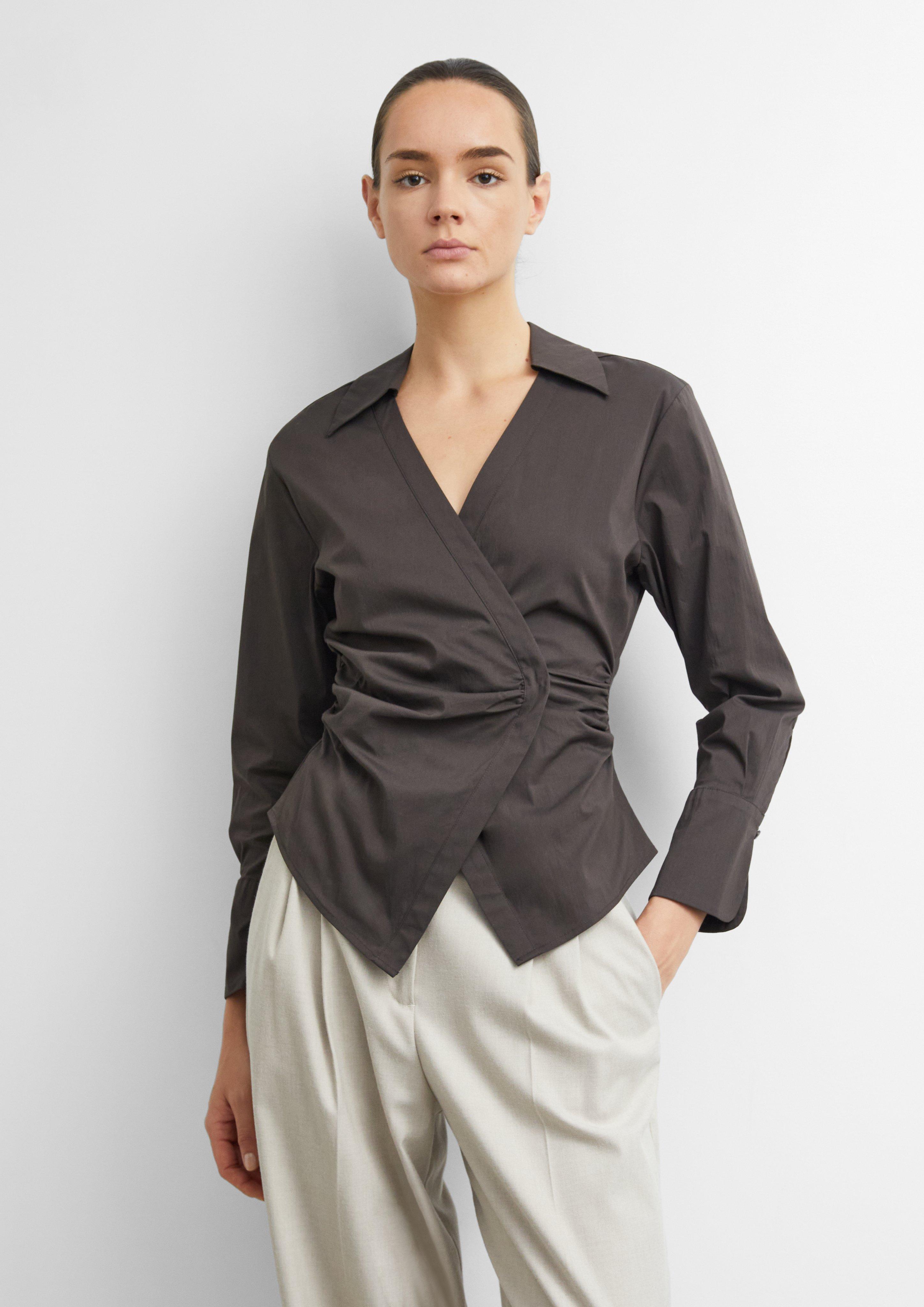 Wrap blouse made of cotton poplin in dark brown by COMMA