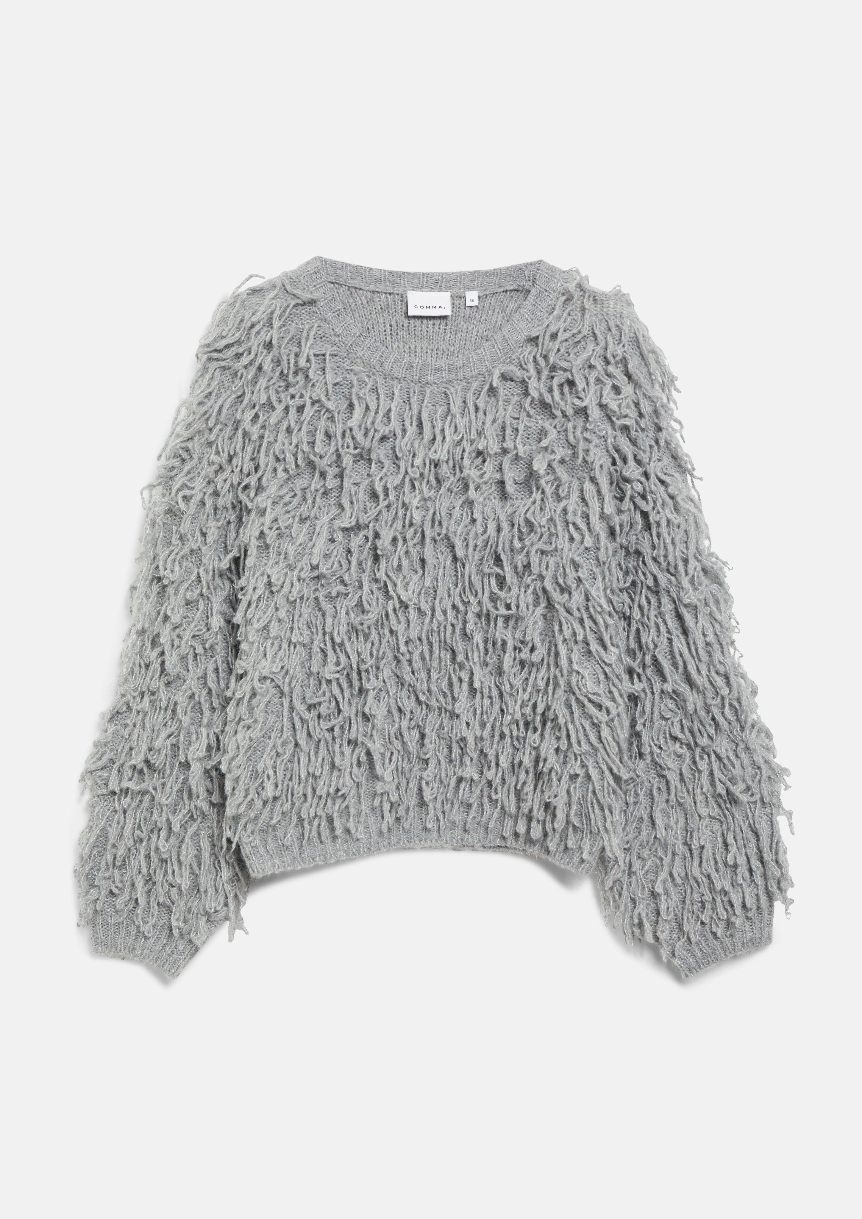 Strickpullover mit Fransen und überschnittenen Schultern in grau von COMMA