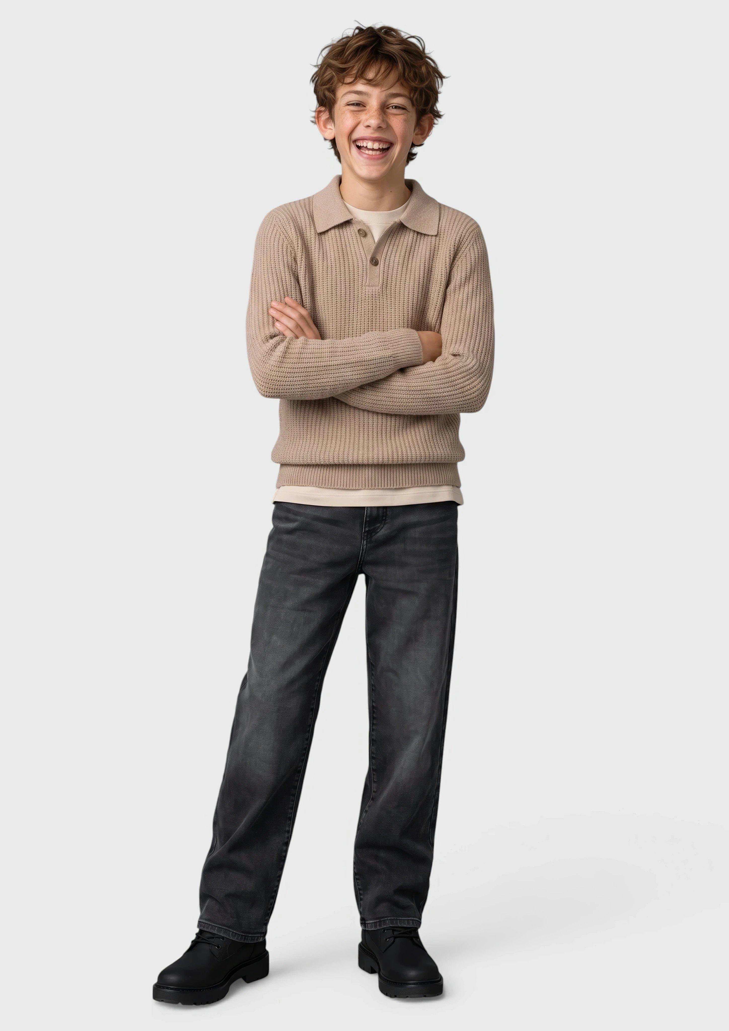 Kinder Strickpullover aus Bouclé mit Polokragen in braun von s.Oliver