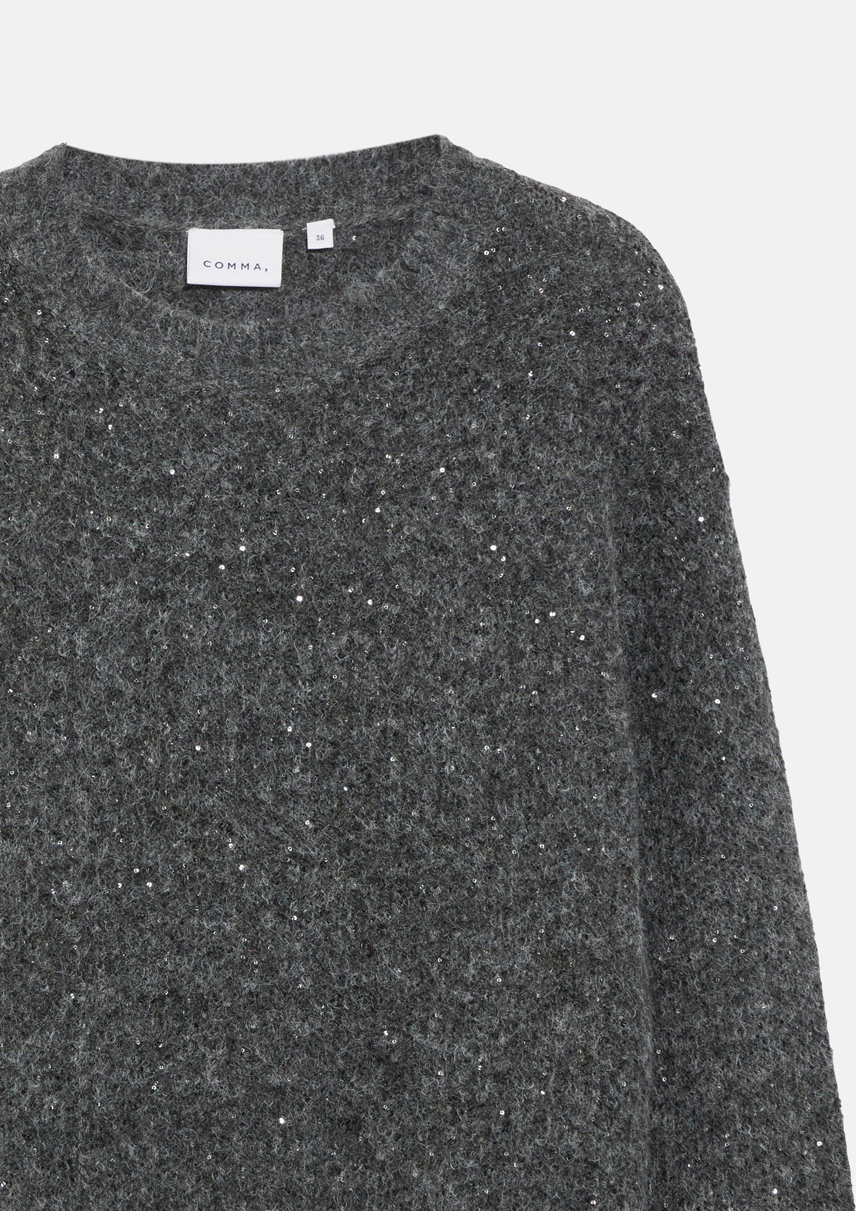 Damen Strickpullover mit Pailletten und Ballonärmeln in grau von COMMA