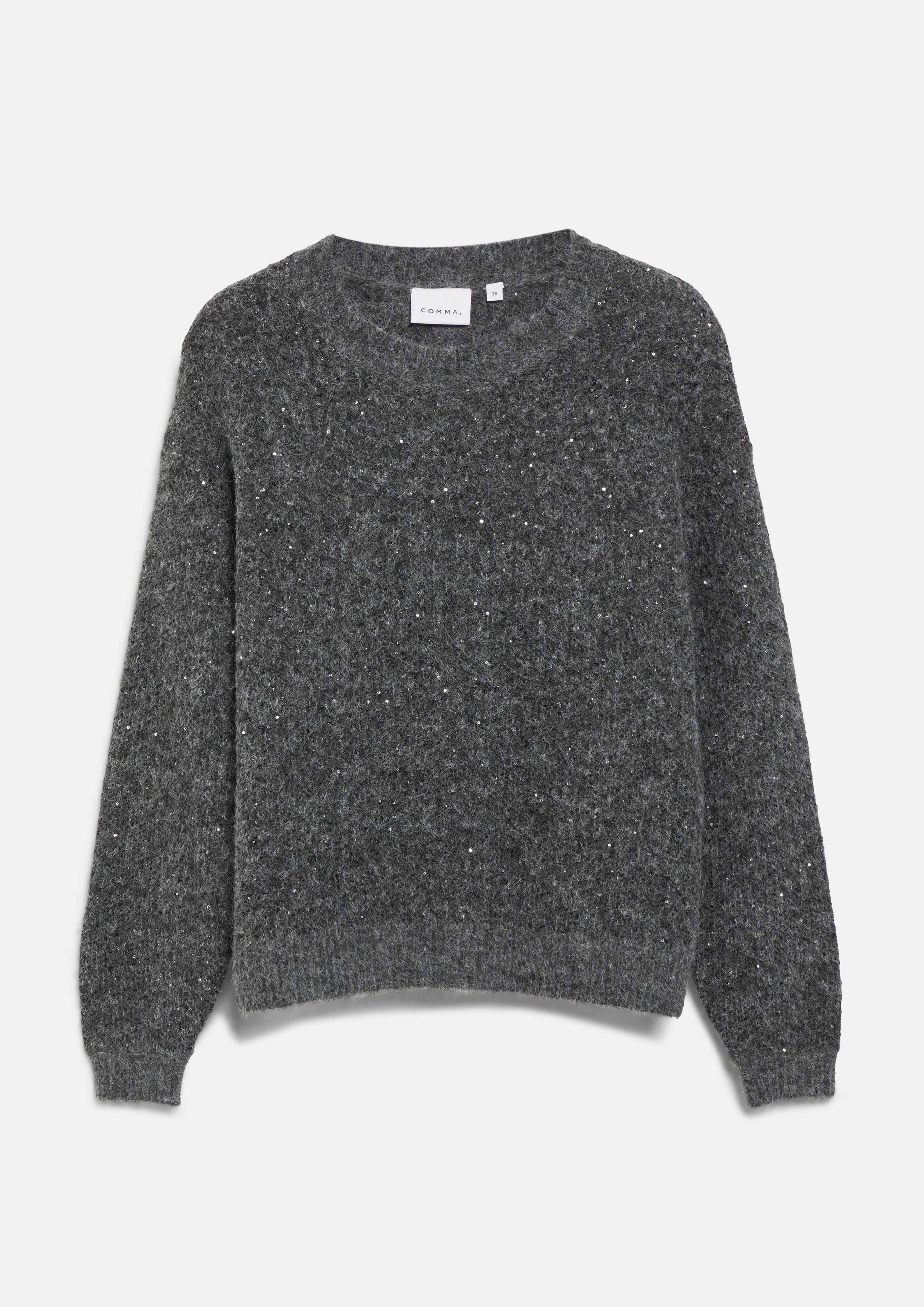 Damen Strickpullover mit Pailletten und Ballonärmeln in grau von COMMA