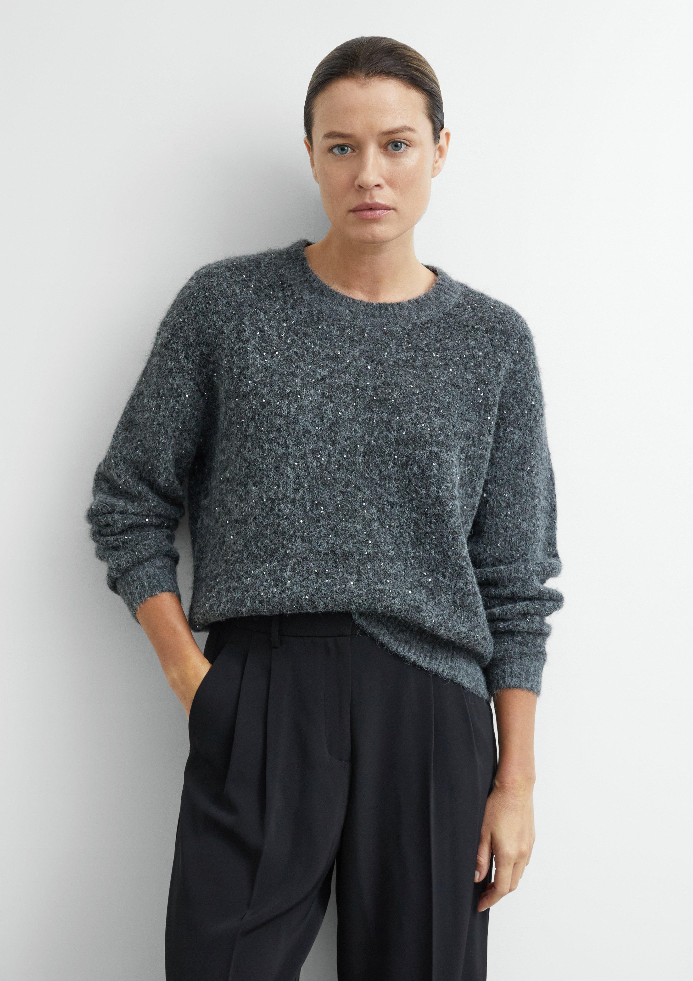 Strickpullover mit Pailletten und Ballonärmeln in Farbe dunkelgrau von COMMA