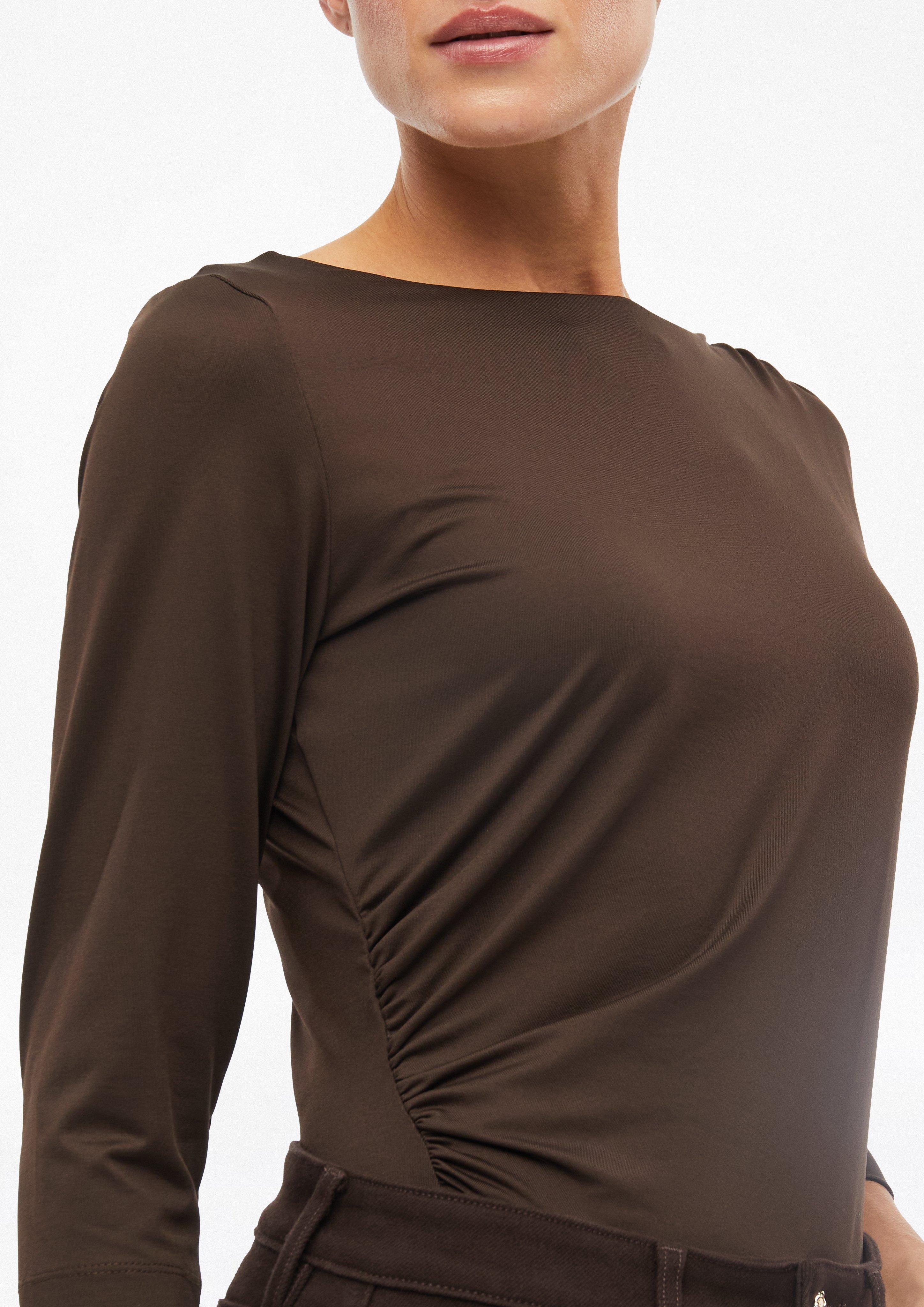 Femmes T-shirt coupe slim avec fronces sur les côtés en brun de s.Oliver BLACK LABEL