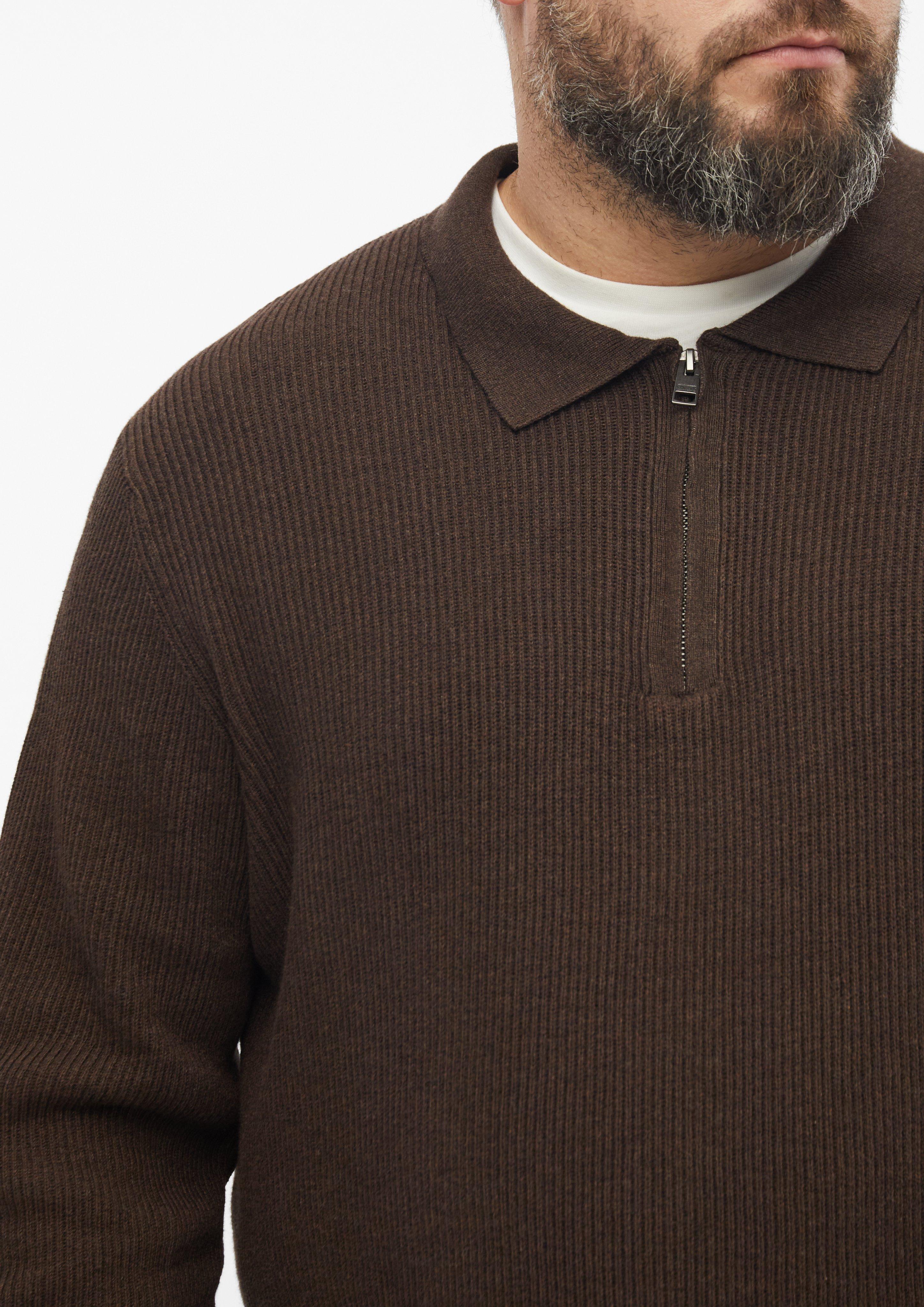 Men Zip-Up Knit Polo Shirt with Ribbed Texture in brown by s.Oliver Men Big Sizes