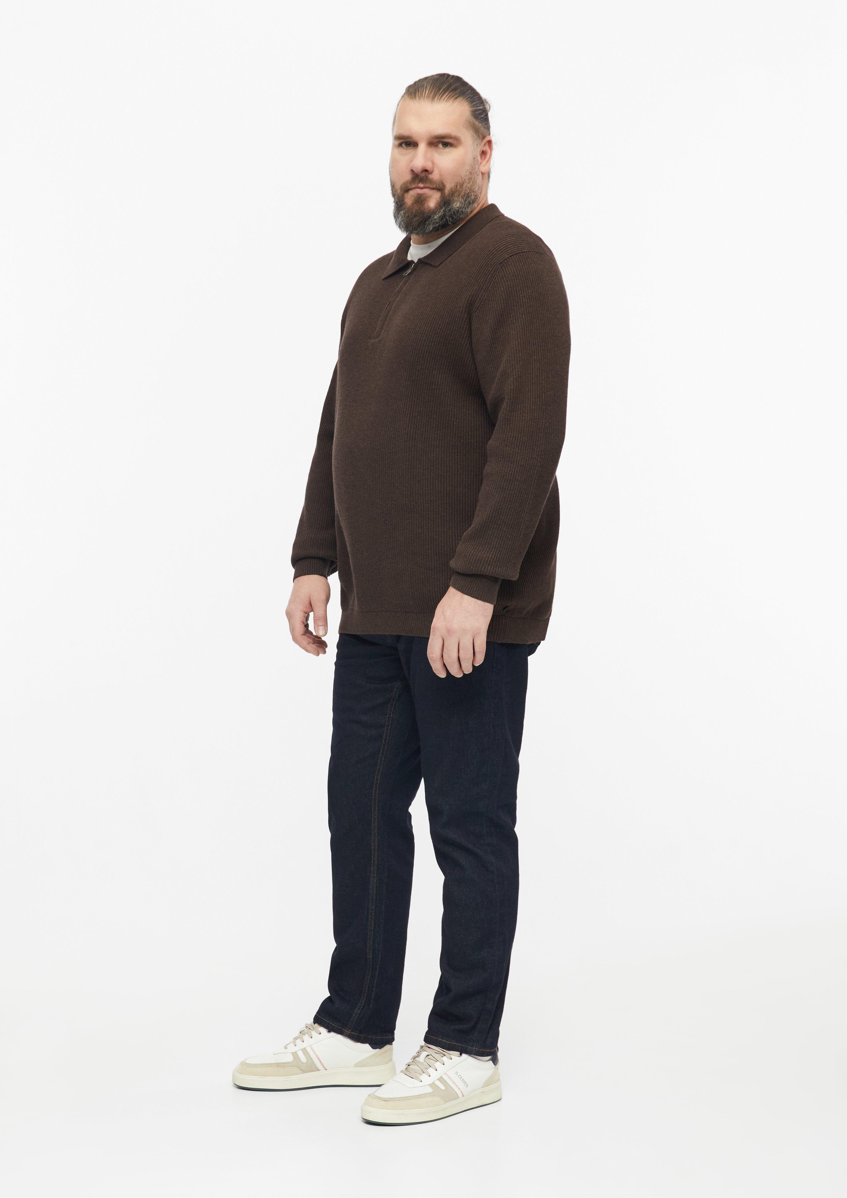Men Zip-Up Knit Polo Shirt with Ribbed Texture in brown by s.Oliver Men Big Sizes