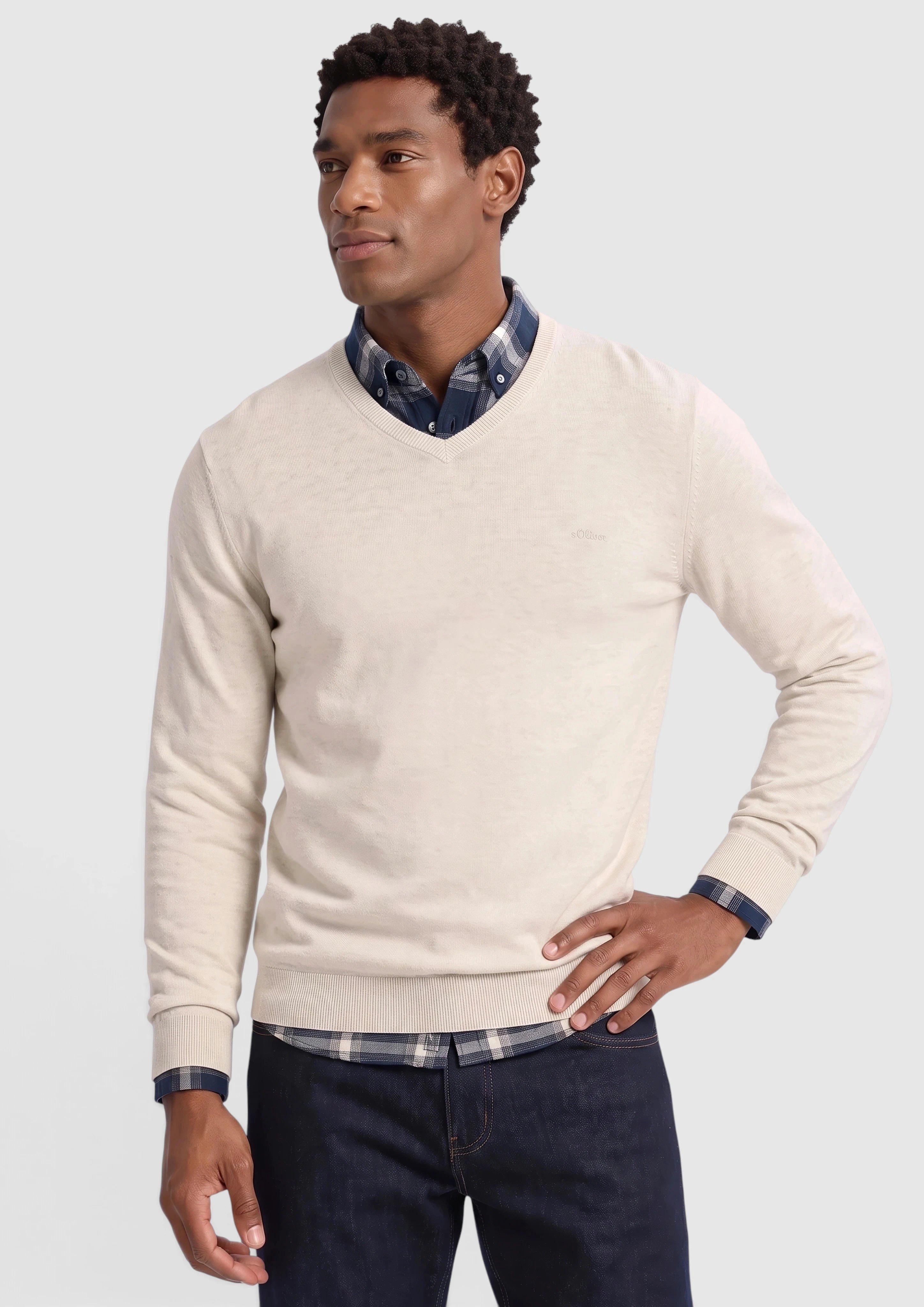 Gebreide trui met geborduurd logo in crème van s.Oliver Men Tall Sizes