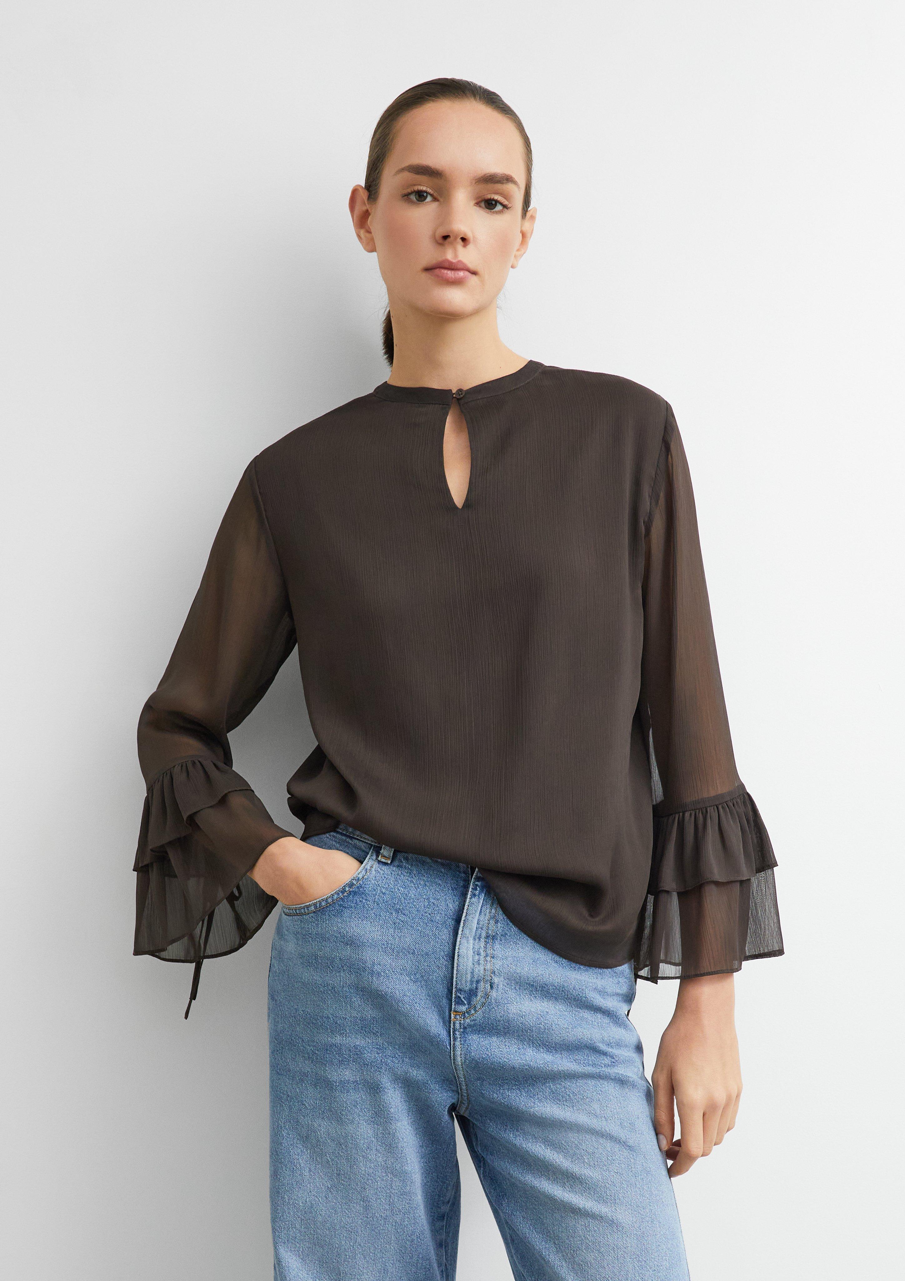 Strukturierte Chiffon-Bluse mit Volant-Ärmeln in dunkelbraun von COMMA