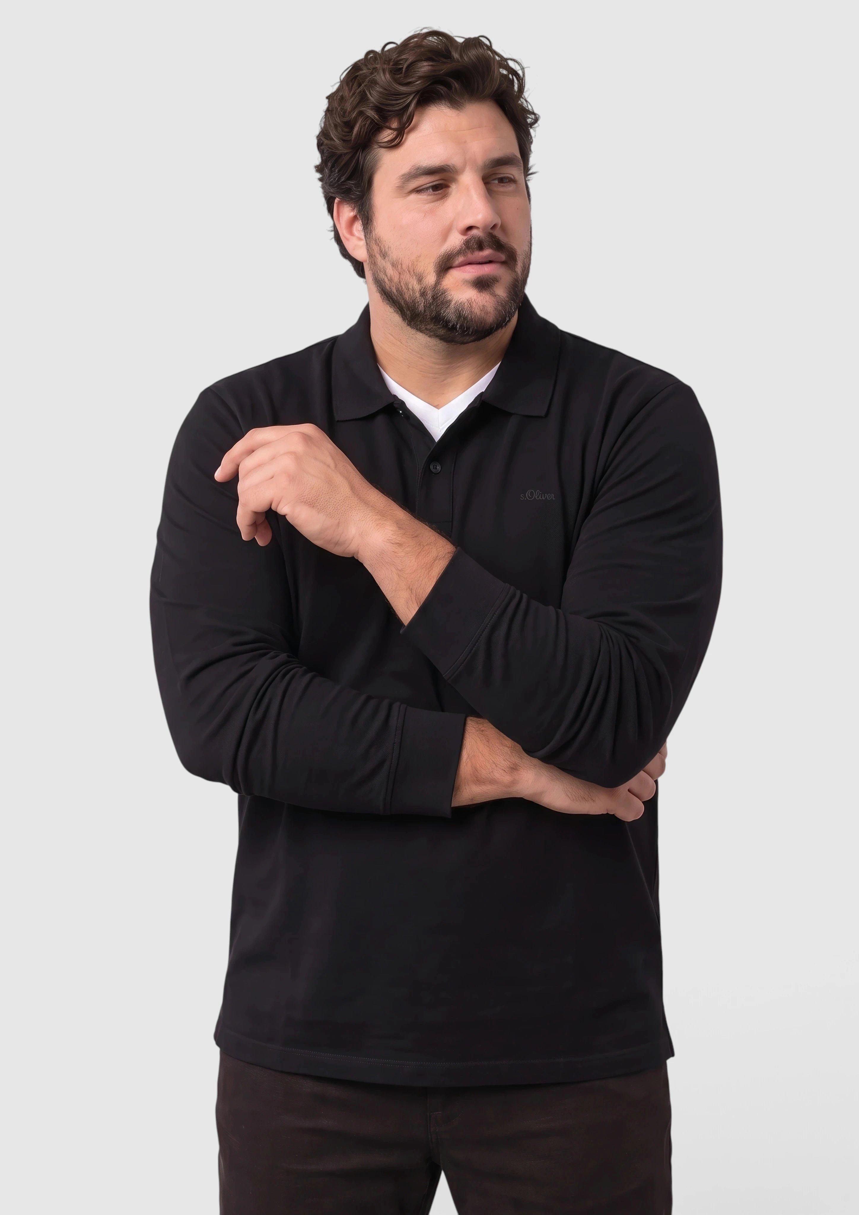 Polo shirt met lange mouwen van katoenpiqué in zwart van s.Oliver Men Big Sizes