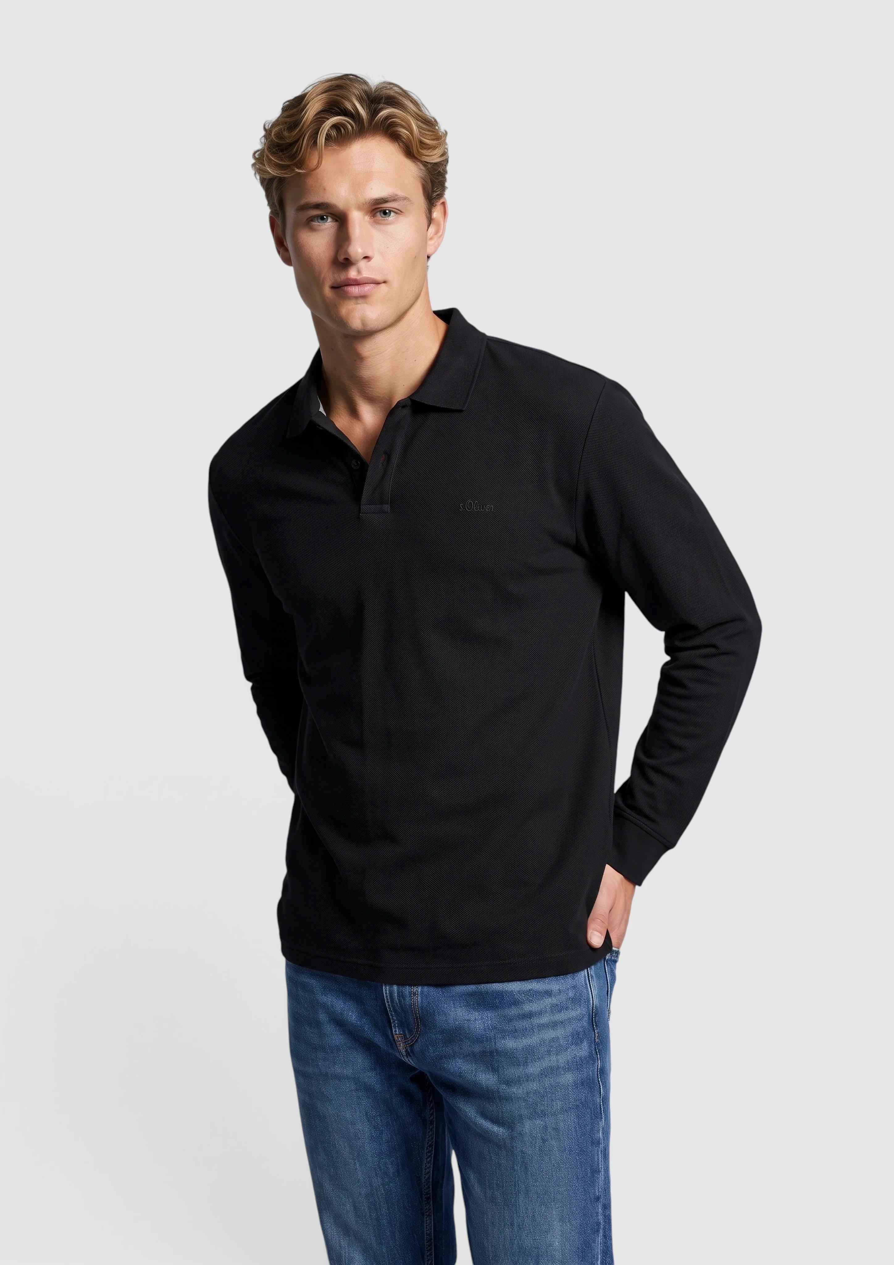 Polo shirt met lange mouwen van katoenpiqué in zwart van s.Oliver Men Tall Sizes