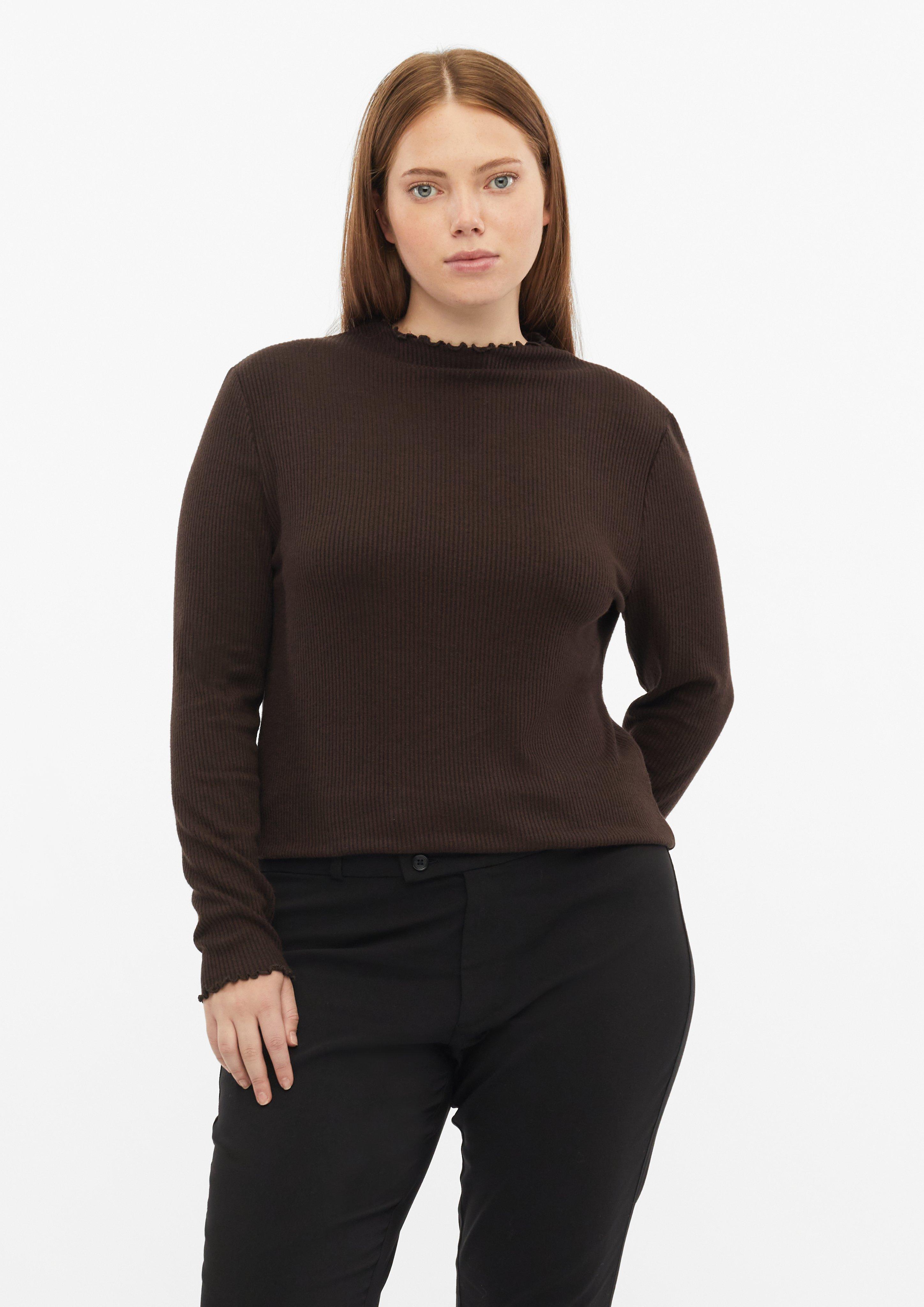 T-shirt à manches longues côtelé, effet mélangé en marron foncé de QS CURVE