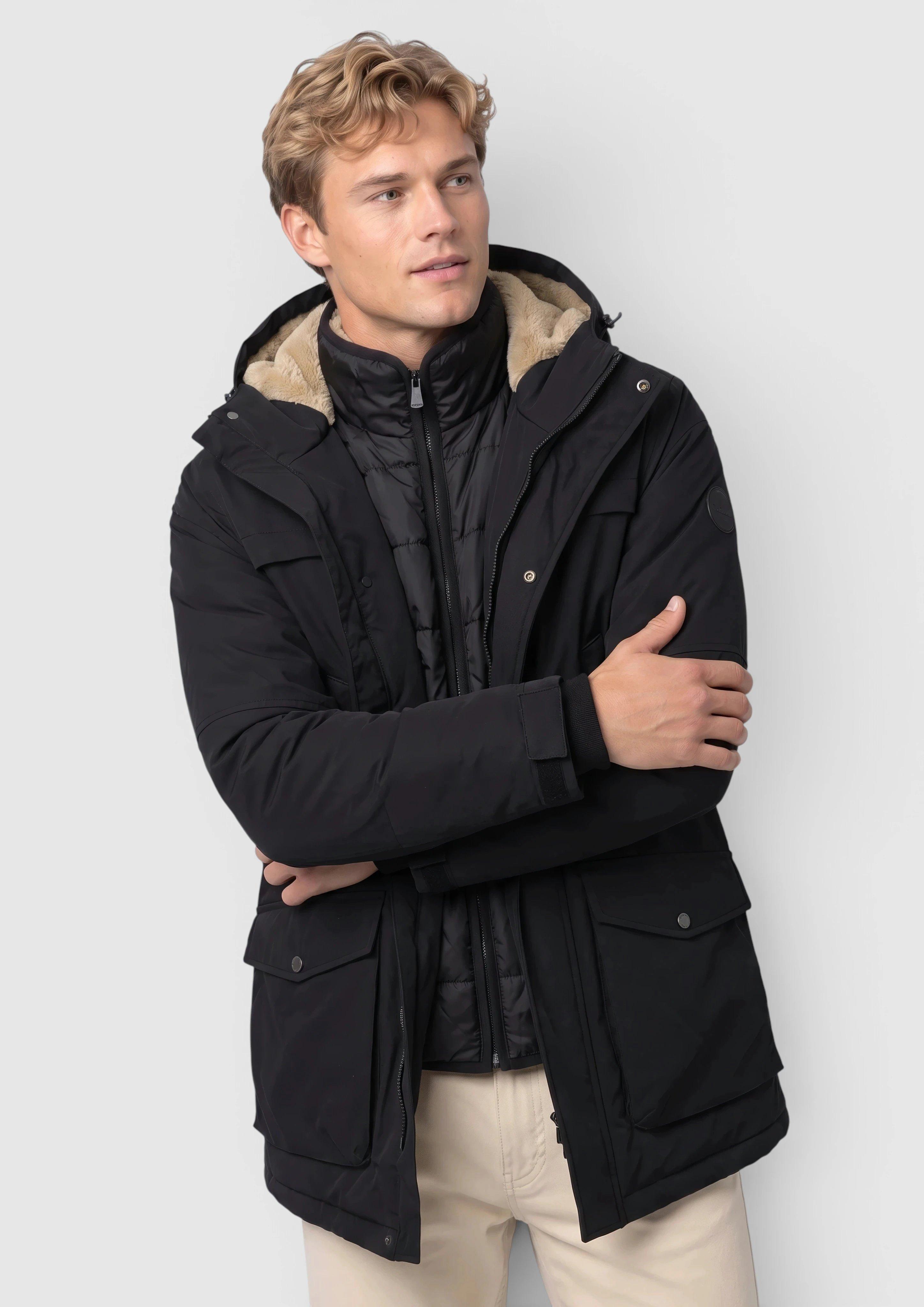 Parka d'extérieur avec capuche amovible et détails en peluche en noir de s.Oliver Men Tall Sizes