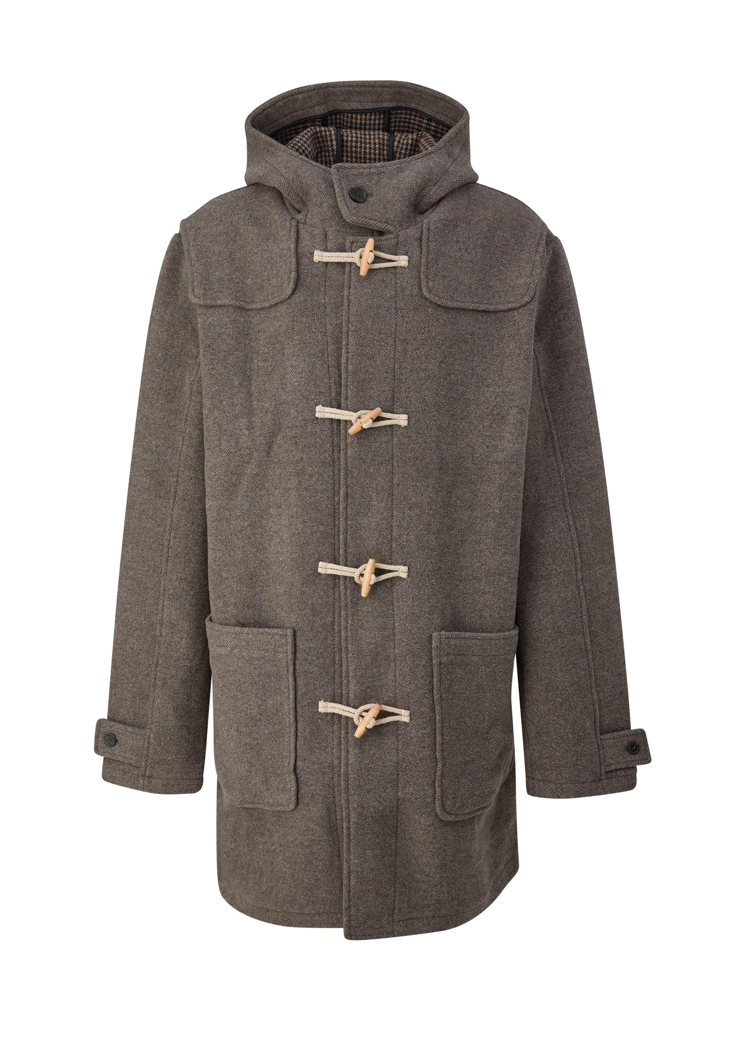 Dufflecoat van wolmix met capuchon en opgezette zakken