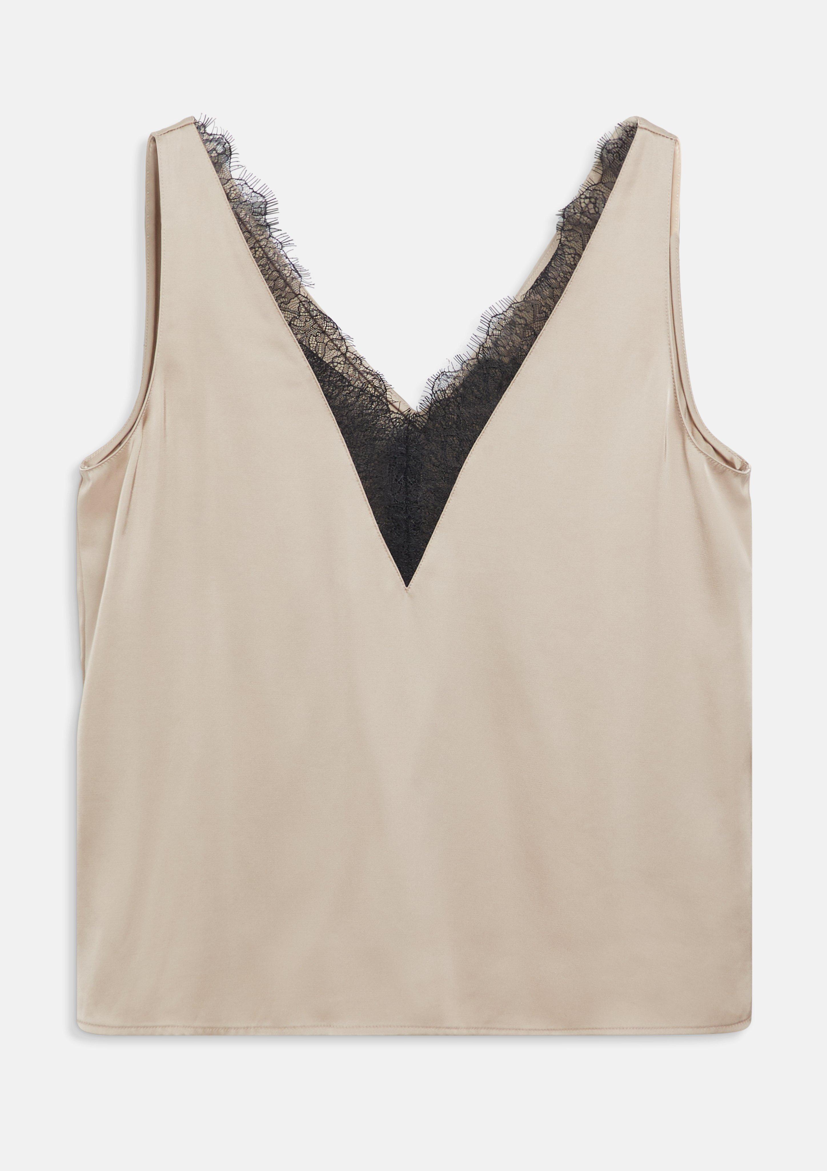 Damen Ärmellose Satin-Bluse mit Spitze und V-Ausschnitt in braun von COMMA