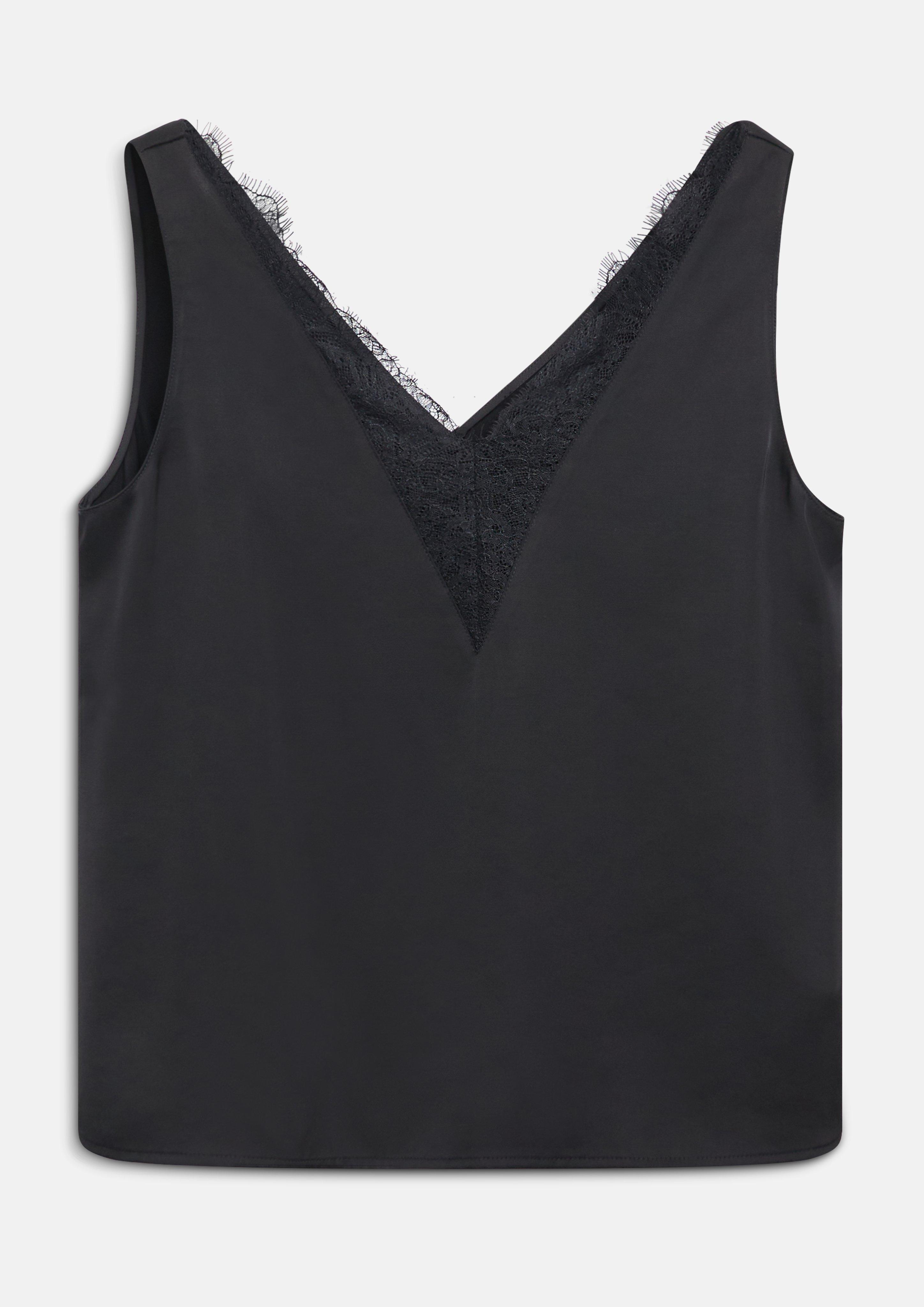 Damen Ärmellose Satin-Bluse mit Spitze und V-Ausschnitt in schwarz von COMMA