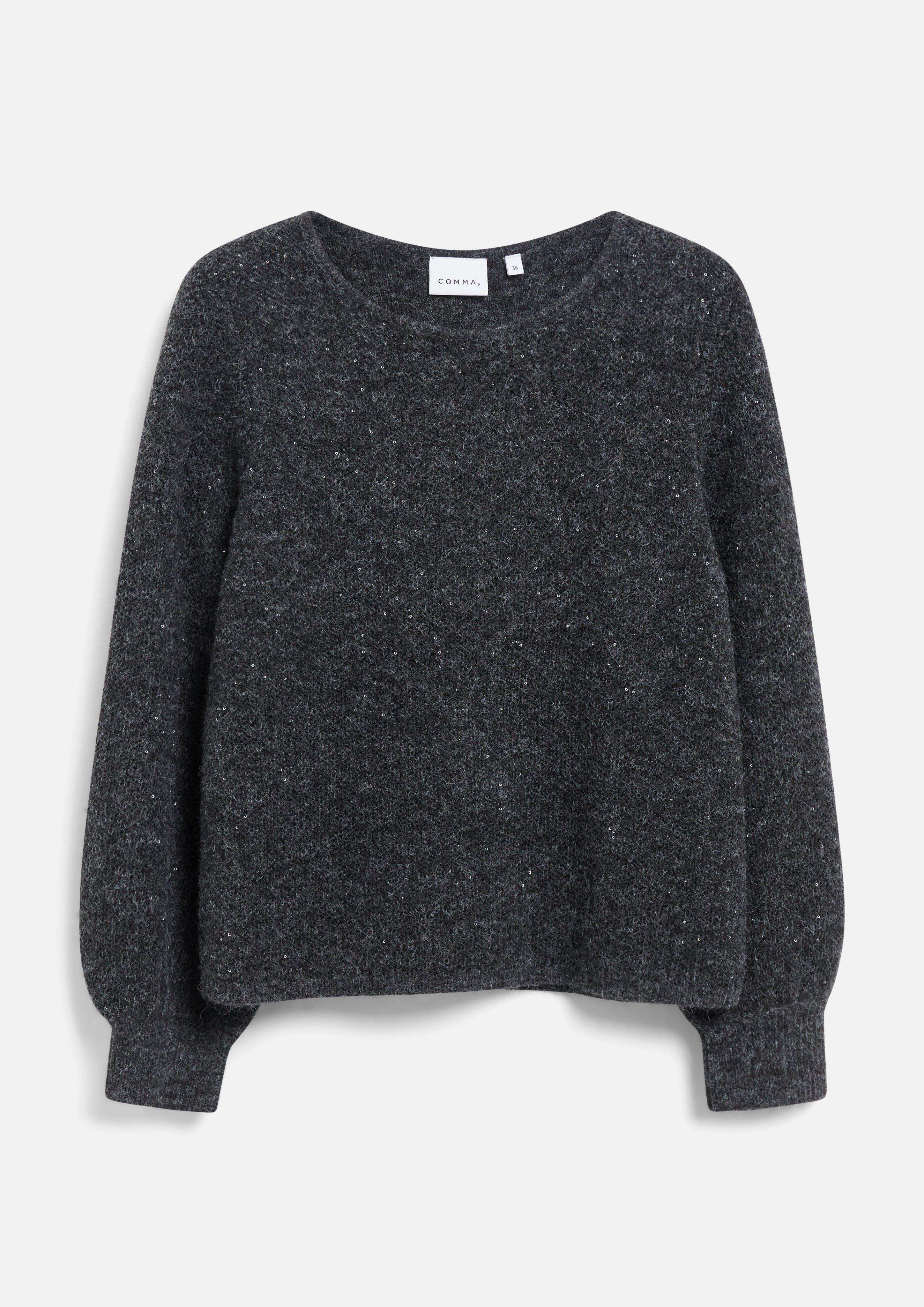 Strickpullover mit Pailletten und Ballonärmeln in grau von COMMA