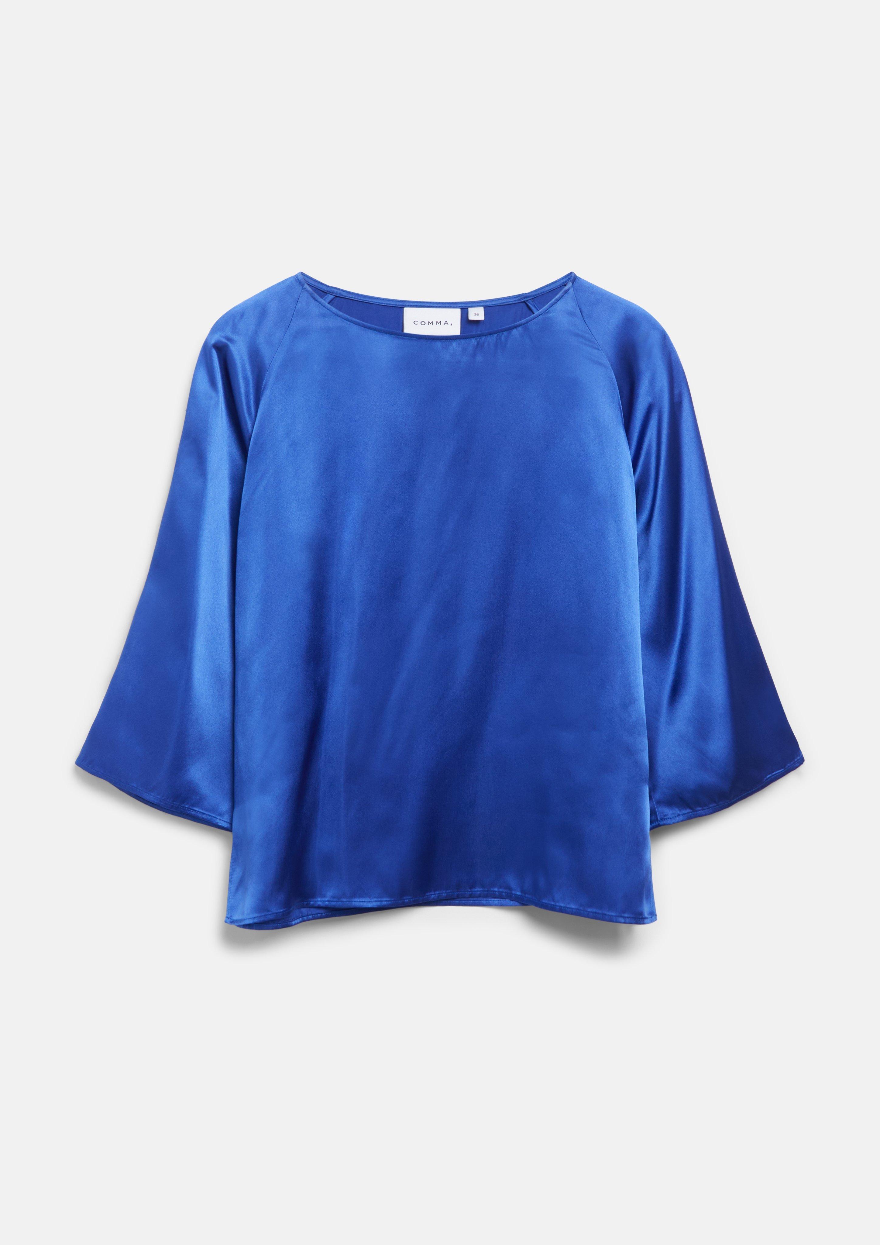 Satin-Bluse mit Raglanärmeln und seitlichem Schlitz in Farbe blau von COMMA