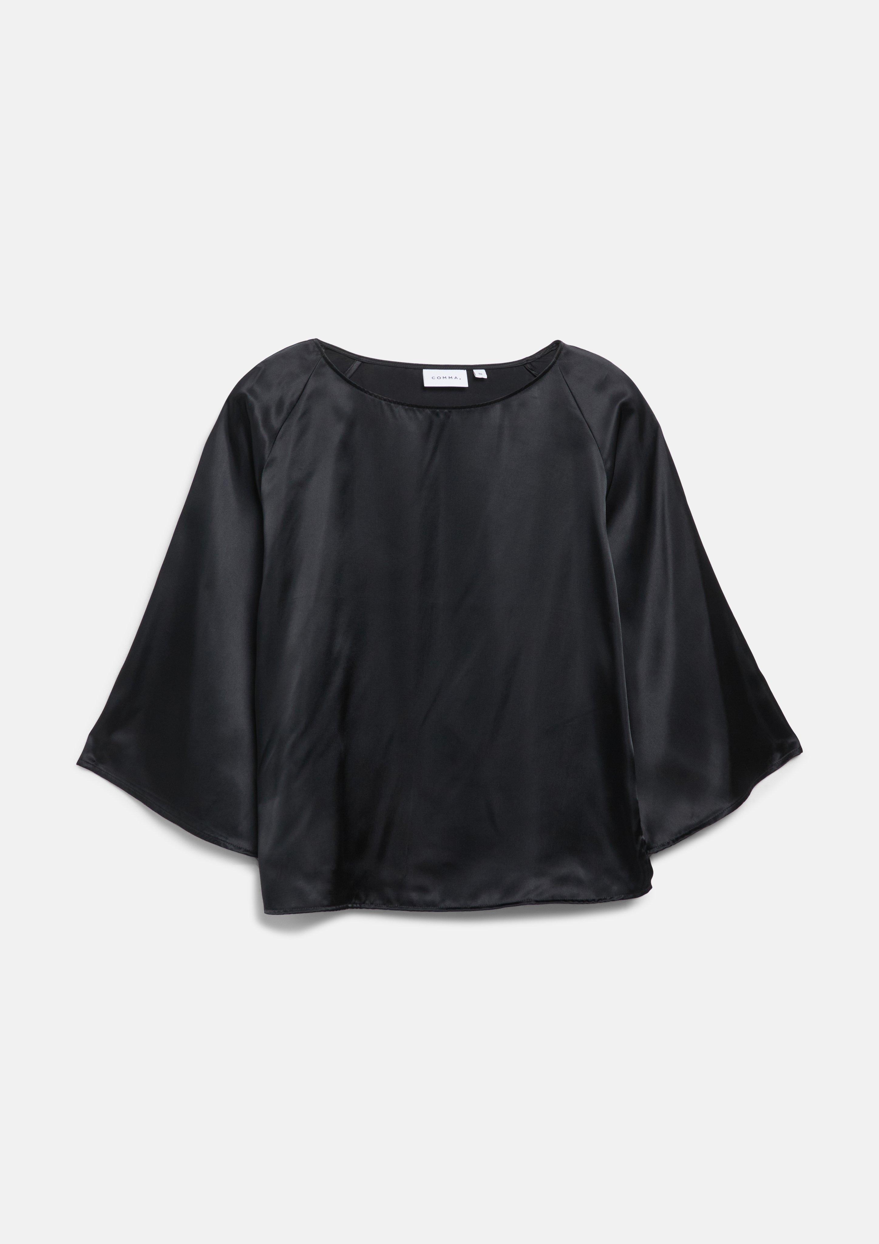 Damen Satin-Bluse mit Raglanärmeln und seitlichem Schlitz in schwarz von COMMA