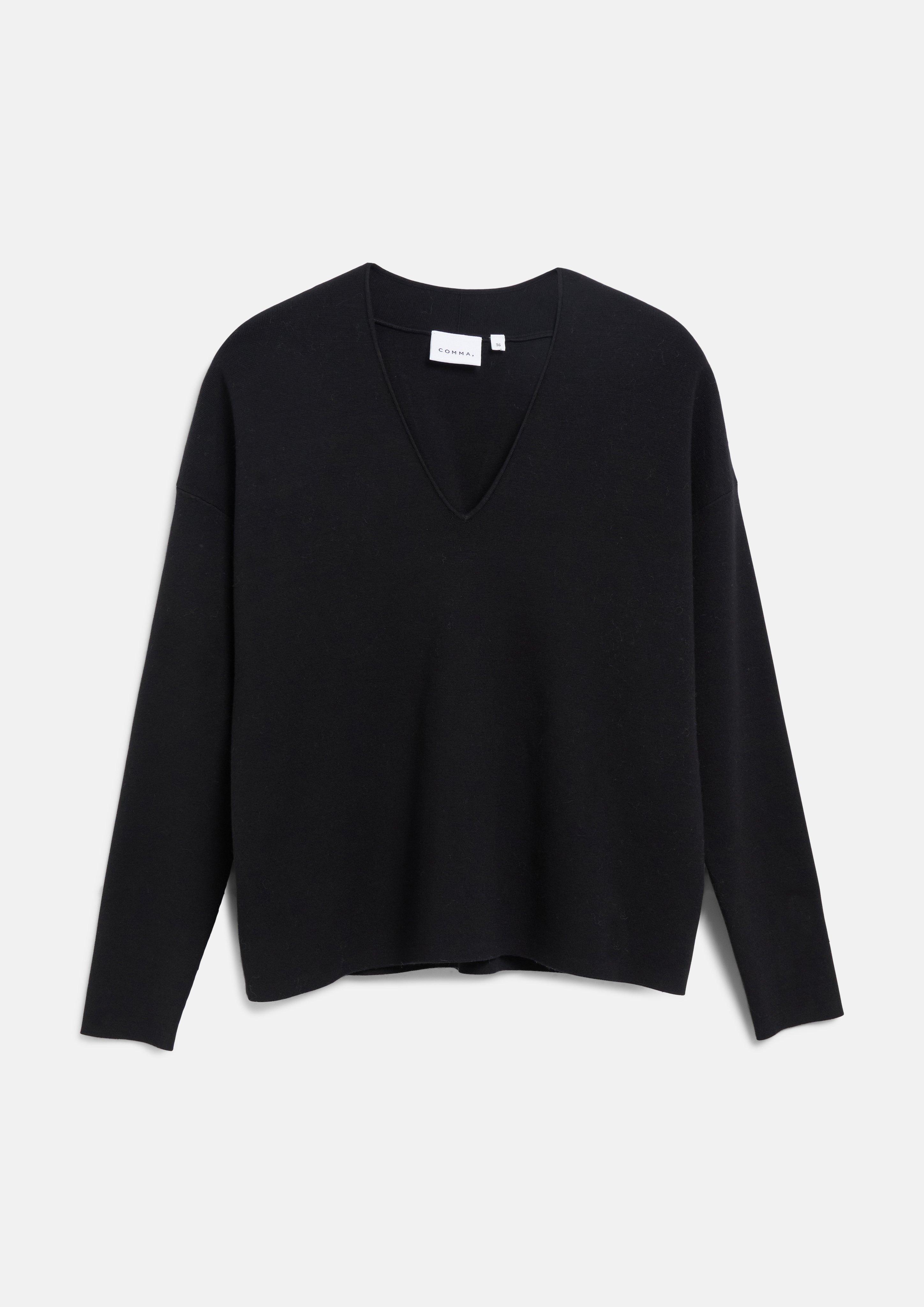 Feinstrick-Pullover mit V-Ausschnitt und Relaxed Fit in schwarz von COMMA