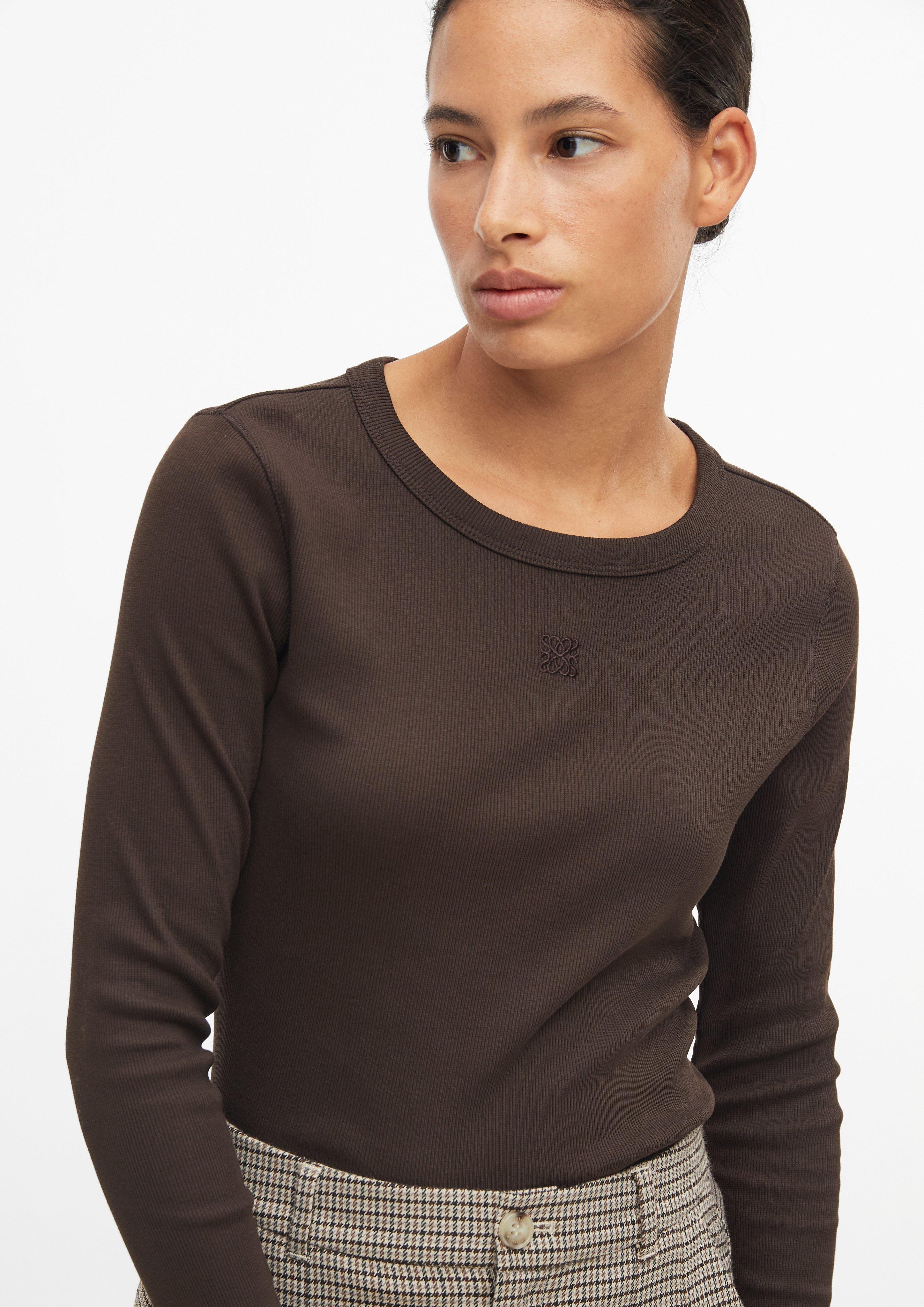 Women Slim-fit ribbed T-shirt with embroidery in brown by s.Oliver